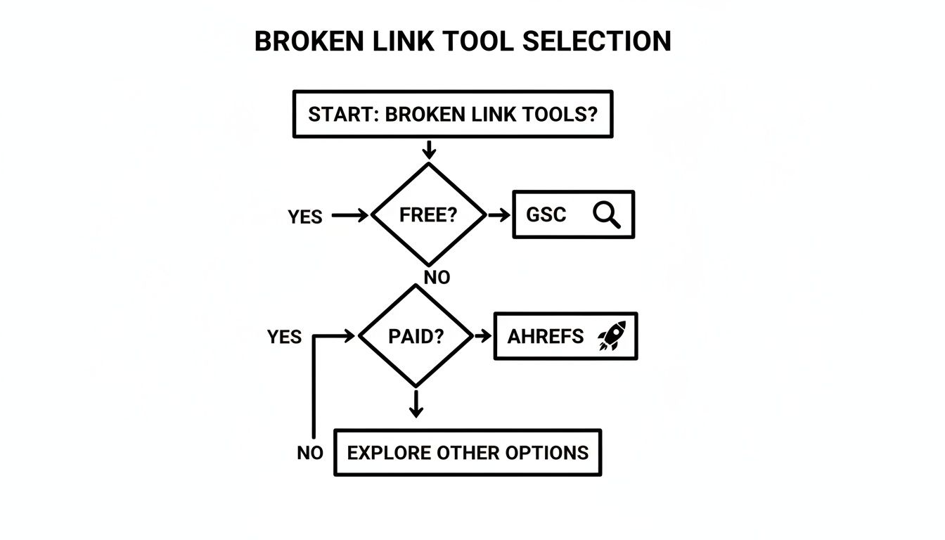 Flowchart for selecting broken link tools, guiding users through free (GSC) and paid (Ahrefs) options.