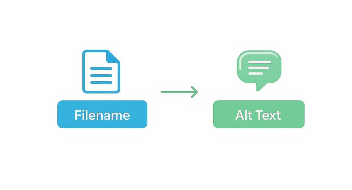 Diagram showing workflow from filename document icon with arrow pointing to alt text speech bubble
