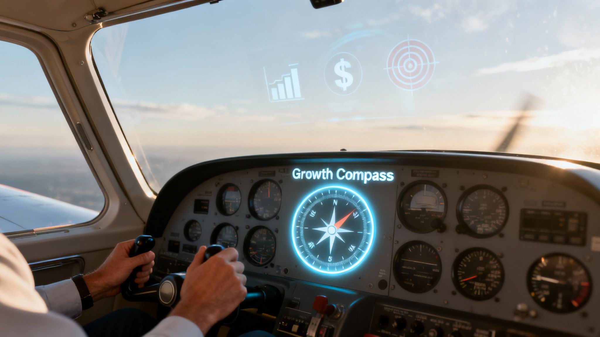 A pilot in a plane cockpit with 'Growth Compass' and holographic business analytics projected on the windshield.