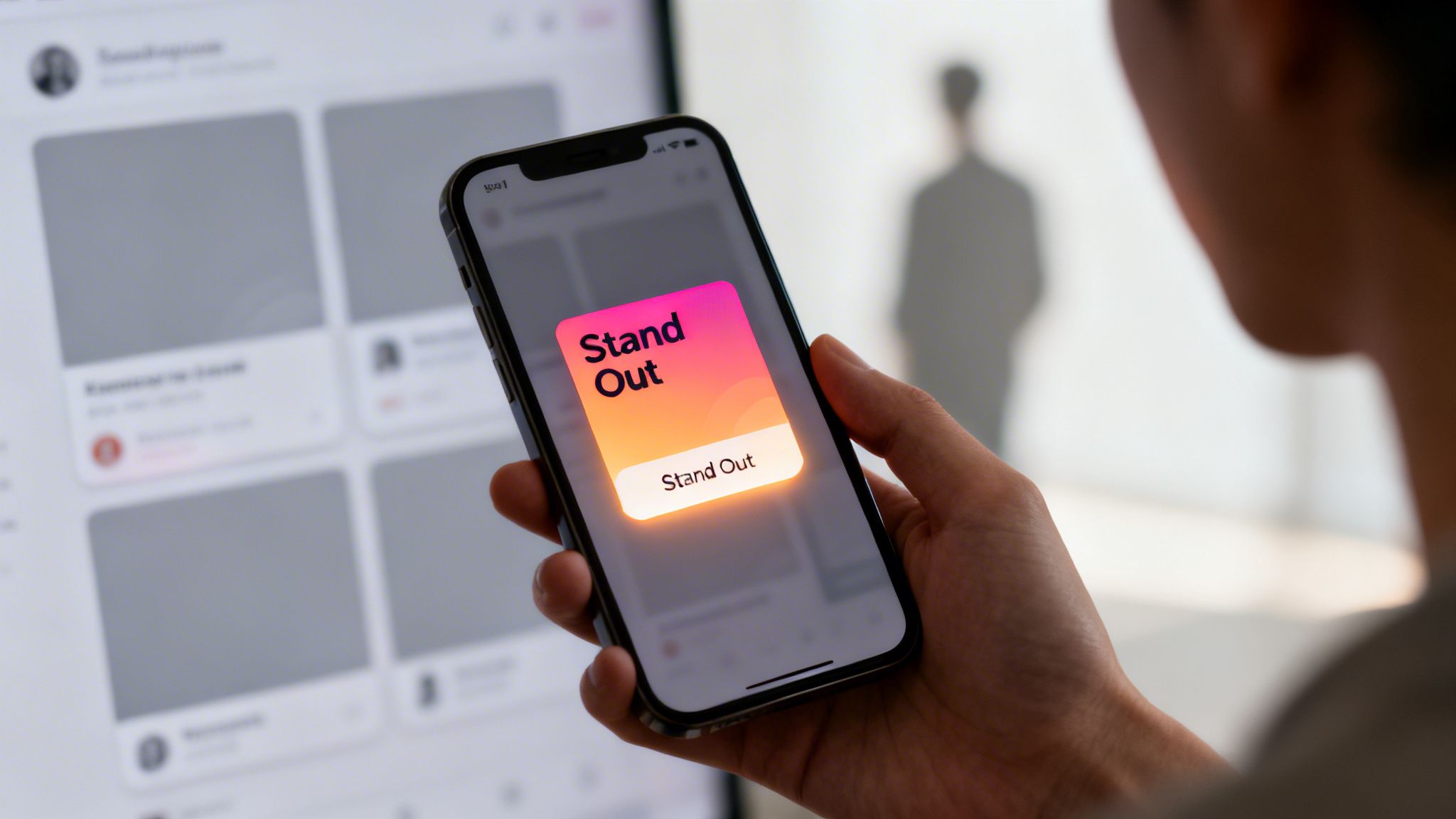 A person holds a smartphone displaying a 'Stand Out' app card with a colorful gradient.