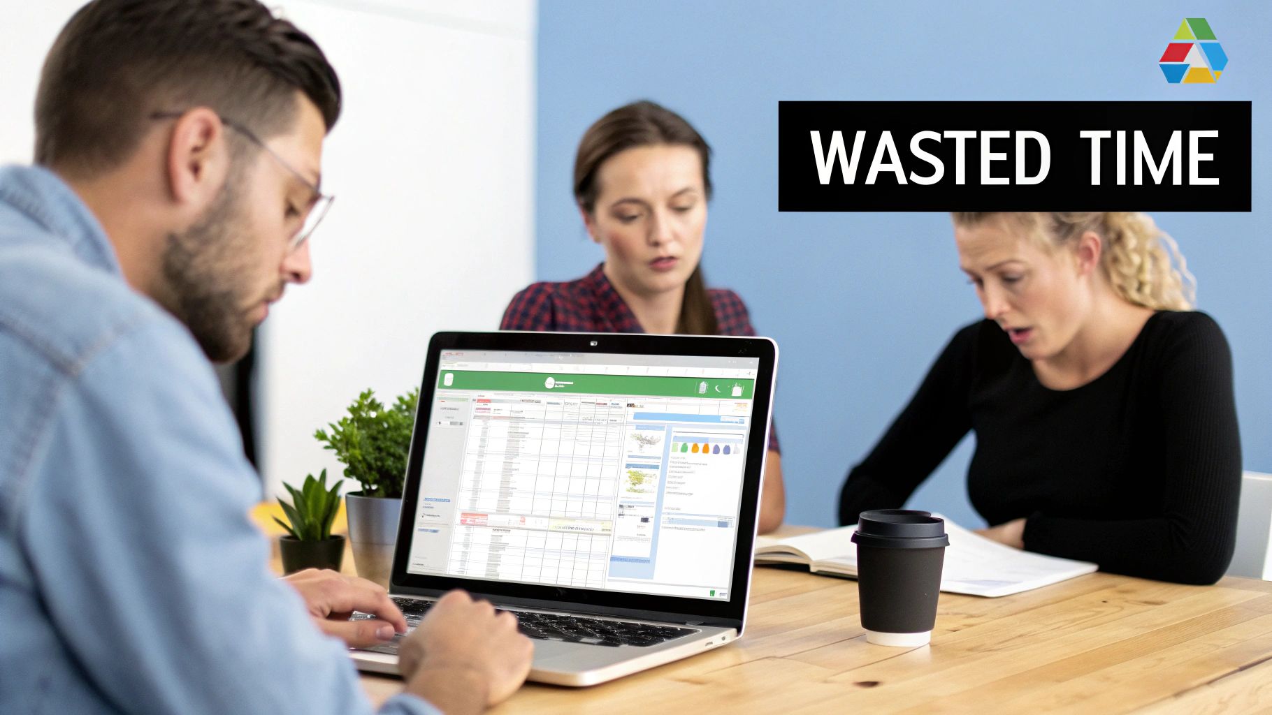 Three colleagues in a meeting, one focused on a laptop displaying a complex spreadsheet, emphasizing 'WASTED TIME'.
