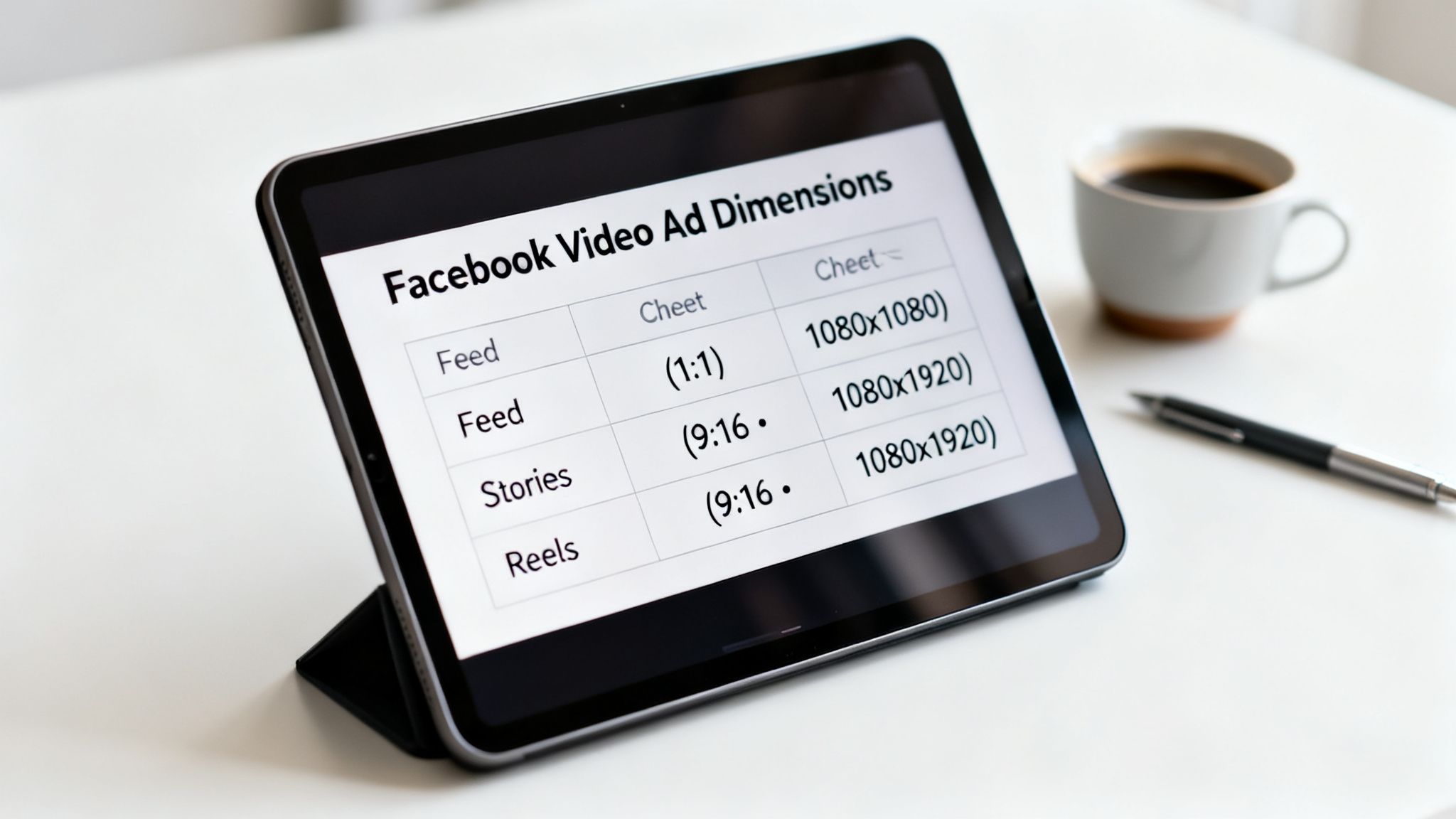 A tablet displays a table with Facebook video ad dimensions, including aspect ratios and resolutions for Feed, Stories, and Reels.