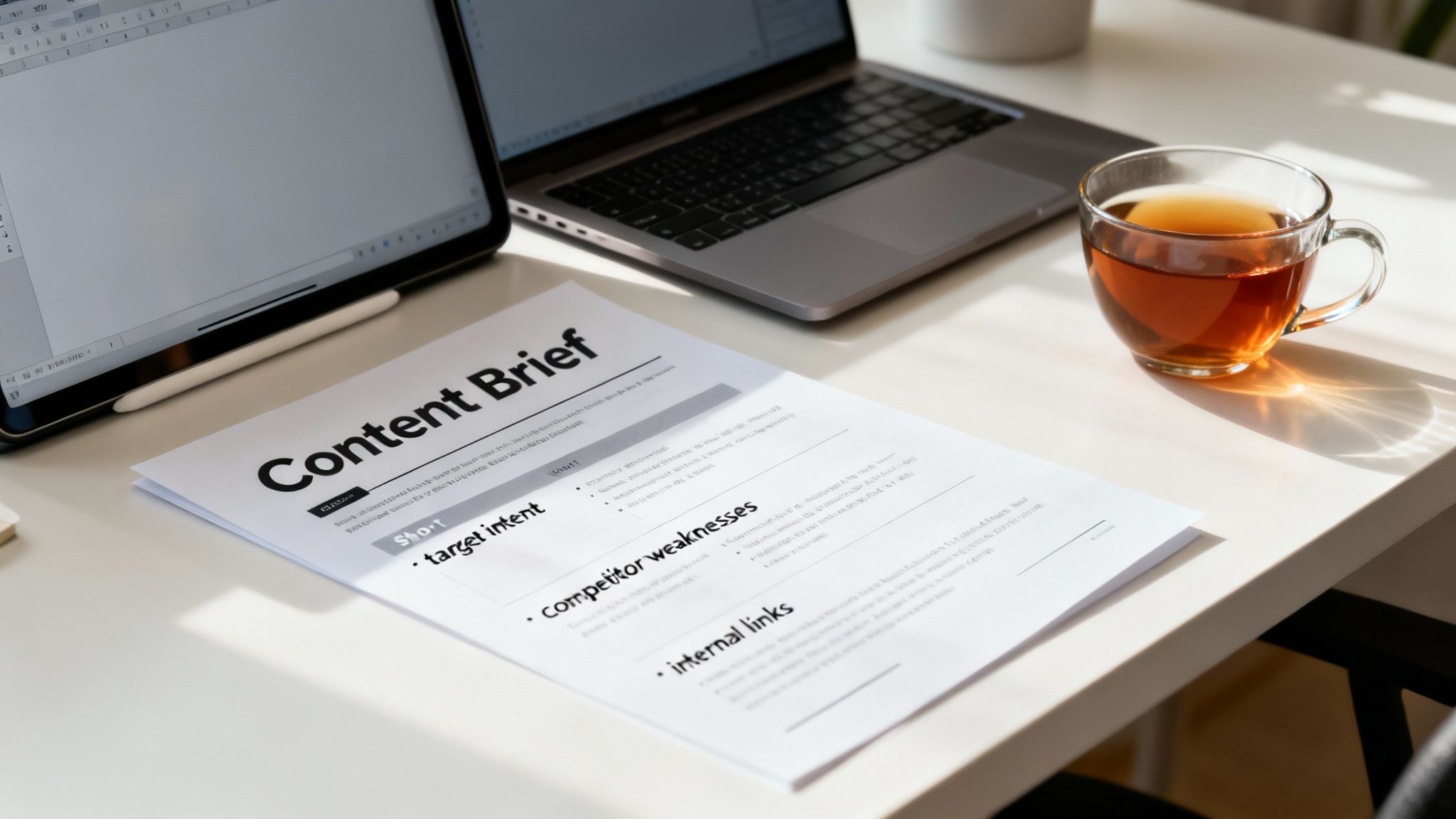 A Content Brief document on a white desk with a tablet, laptop, and cup of tea in sunlight.