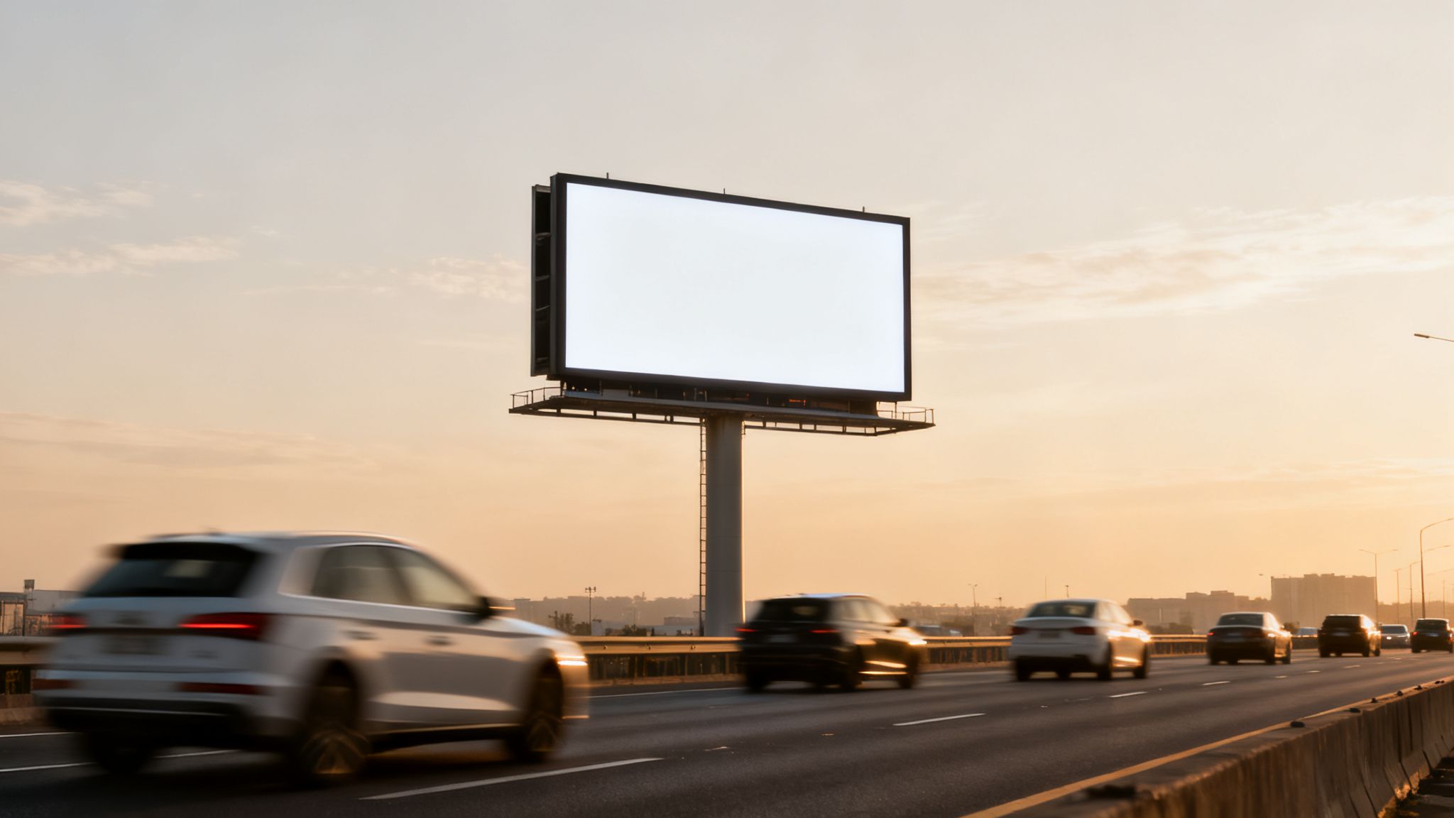 A large, blank billboard stands over a highway with blurred cars at sunset.