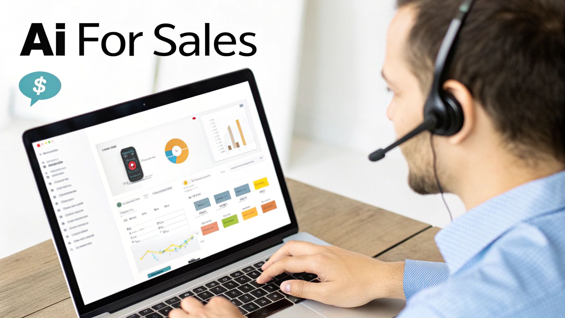 A sales professional wearing a headset uses a laptop displaying AI-powered sales analytics dashboards and charts.