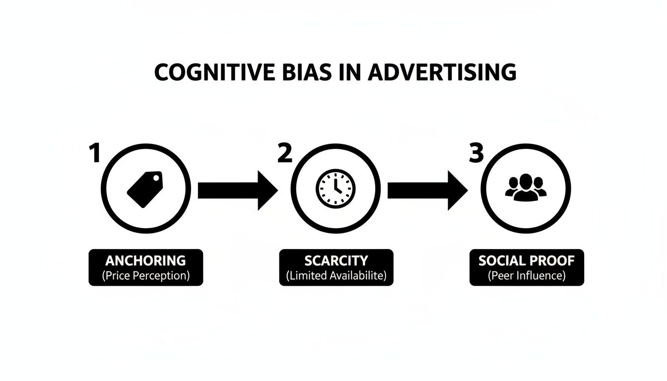Flowchart illustrating three cognitive biases in advertising: anchoring, scarcity, and social proof.