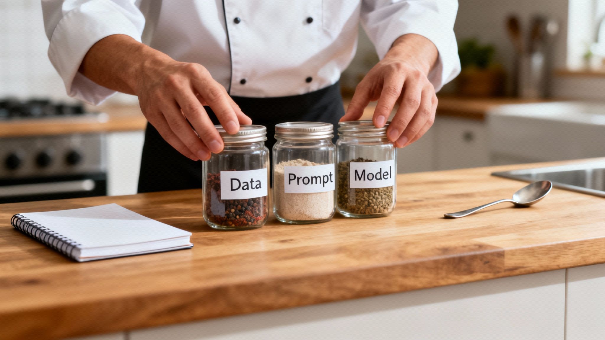 A chef holds three labeled jars: 'Data', 'Prompt', and 'Model' on a kitchen counter, symbolizing AI.