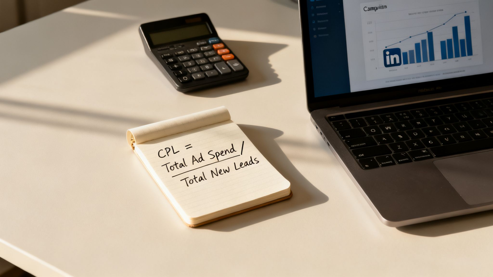 Marketing desk with CPL formula on notepad, calculator, and laptop showing LinkedIn campaign data.