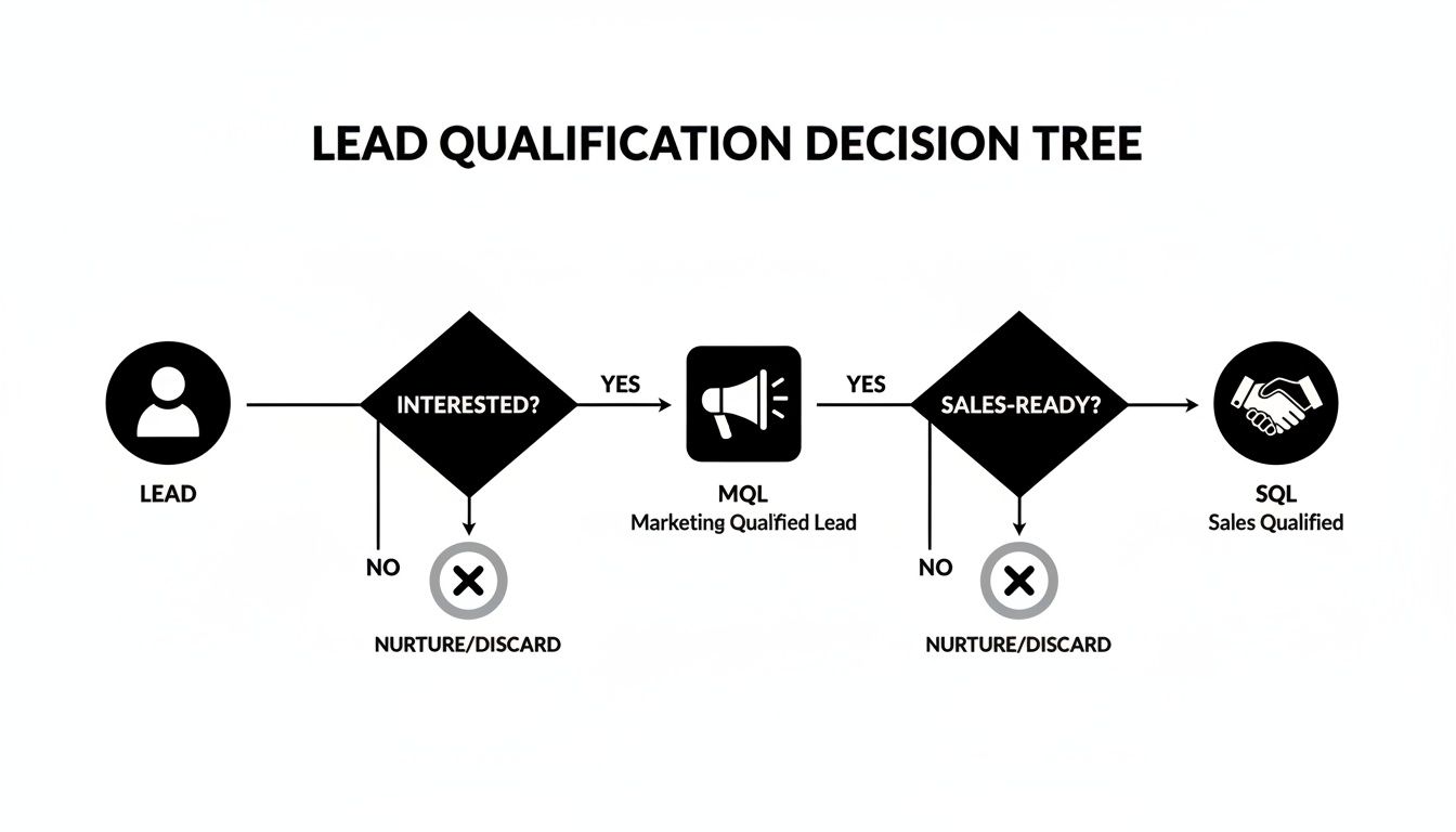 A lead qualification decision tree flowchart showing steps from lead to MQL and SQL based on interest and sales-readiness.