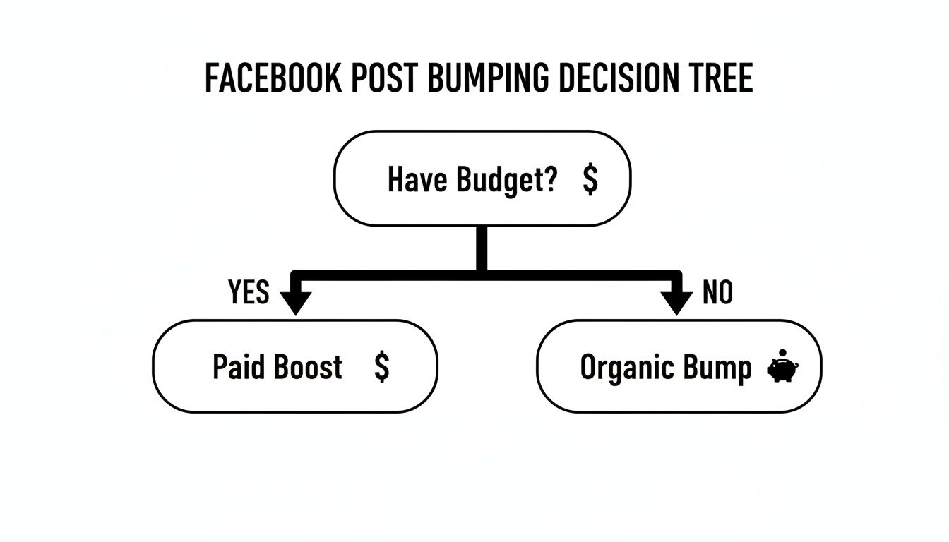 A Facebook post bumping decision tree showing to use a paid boost with a budget or an organic bump without.