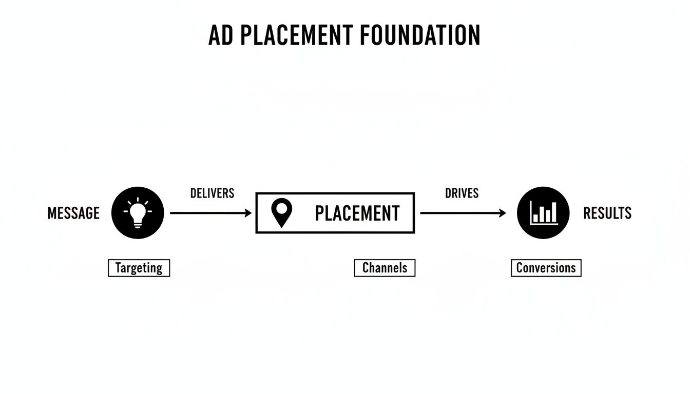 Flowchart showing ad placement process: message with targeting, delivered to placement via channels, driving results and conversions.