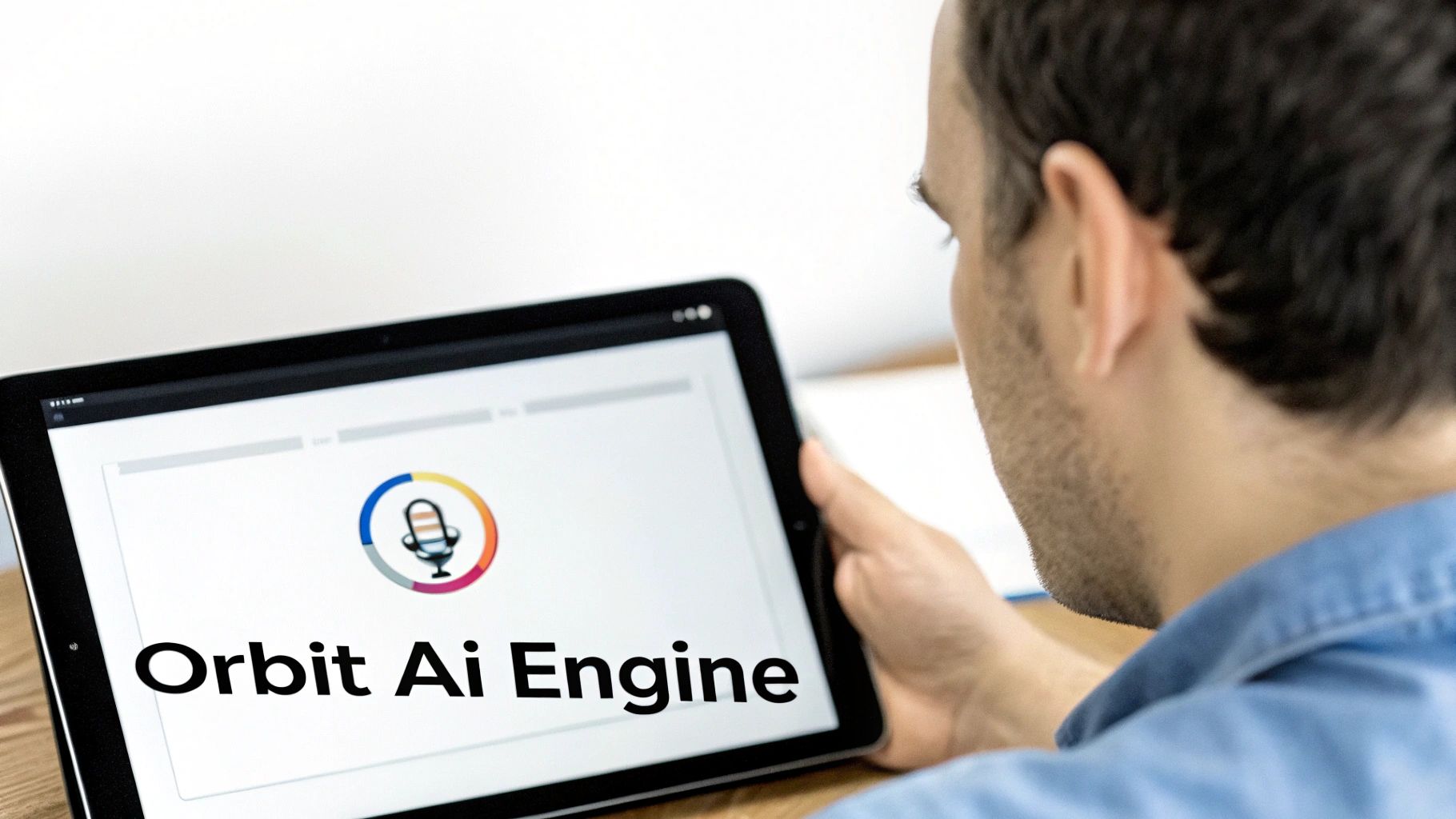 A man views a tablet displaying the 'Orbit Ai Engine' logo with a colorful microphone icon.