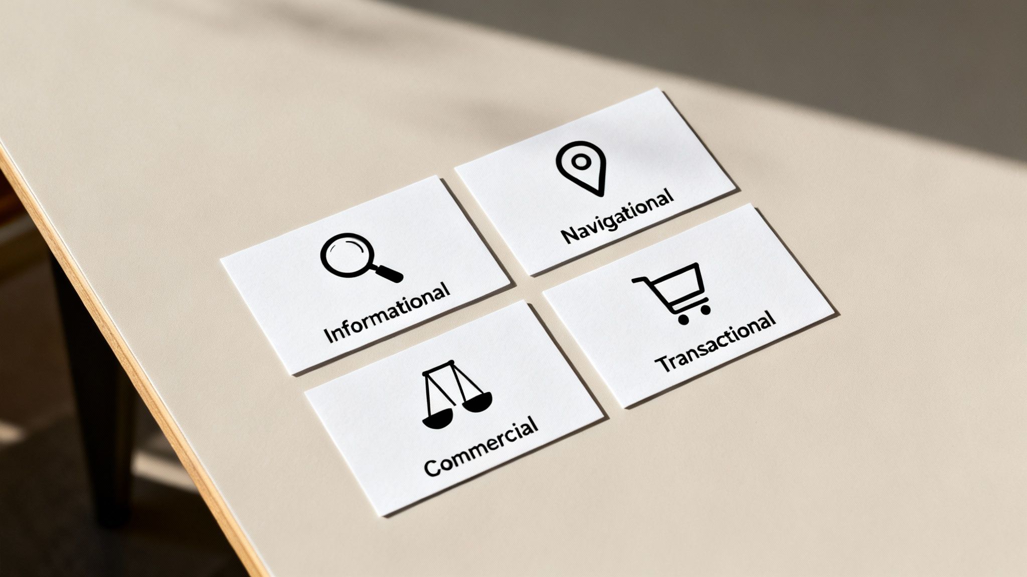 Four cards on a table, each with an icon and label for different search intents: informational, navigational, commercial, and transactional.