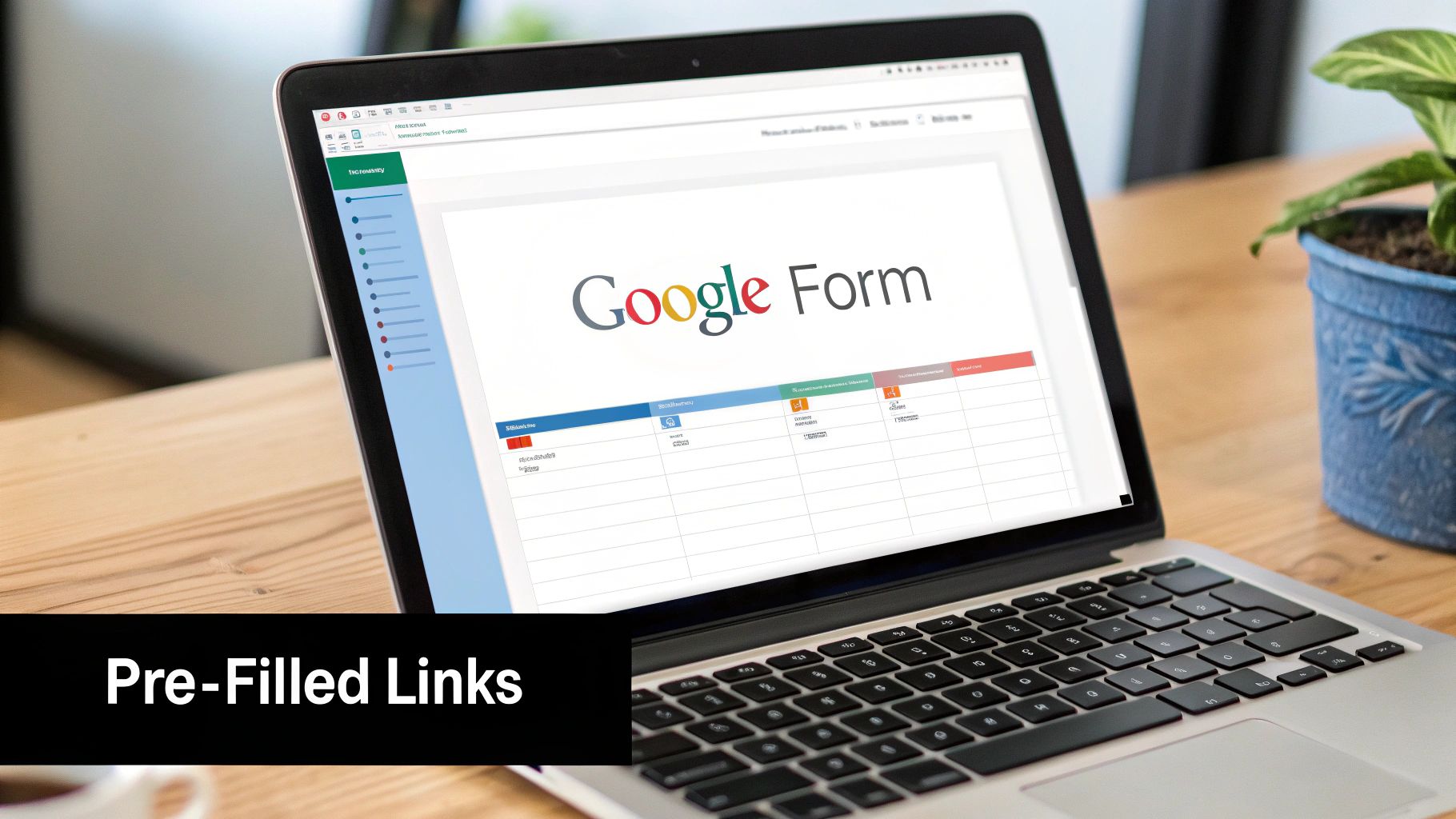 A laptop screen displays a Google Form interface with a table and text about pre-filled links.