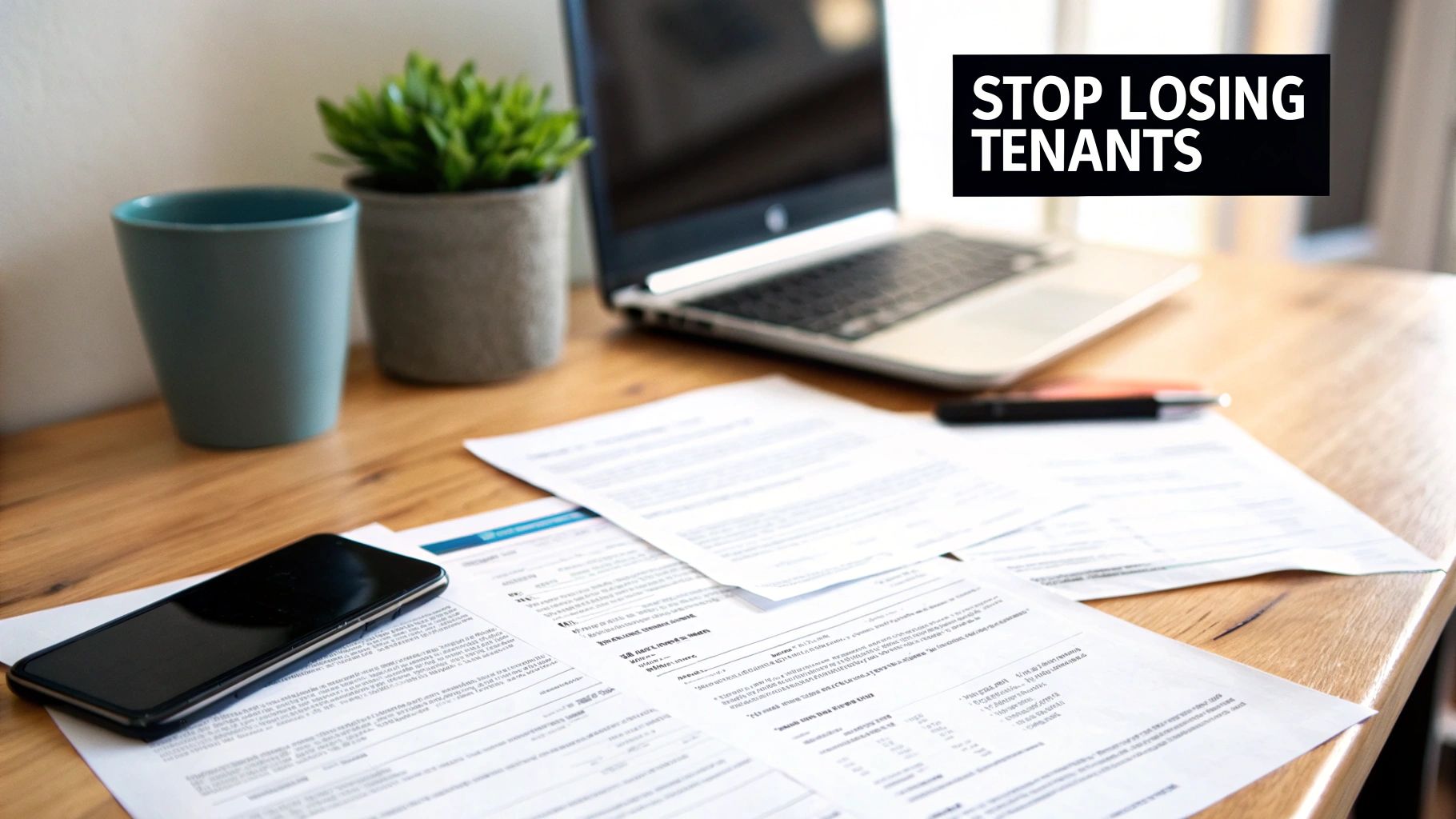 A cluttered desk with rental application forms, a laptop, phone, and a plant, advising 'STOP LOSING TENANTS'.