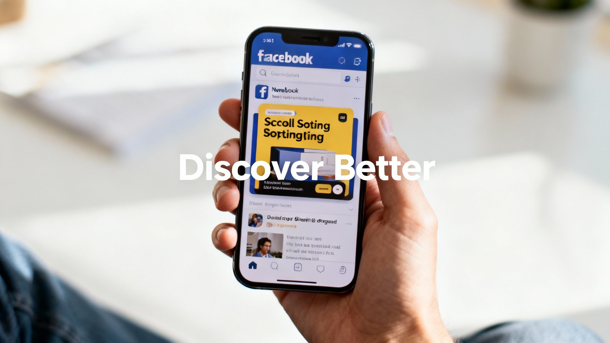 A hand holds a smartphone displaying the Facebook app with an ad and text 'Discover Better'.