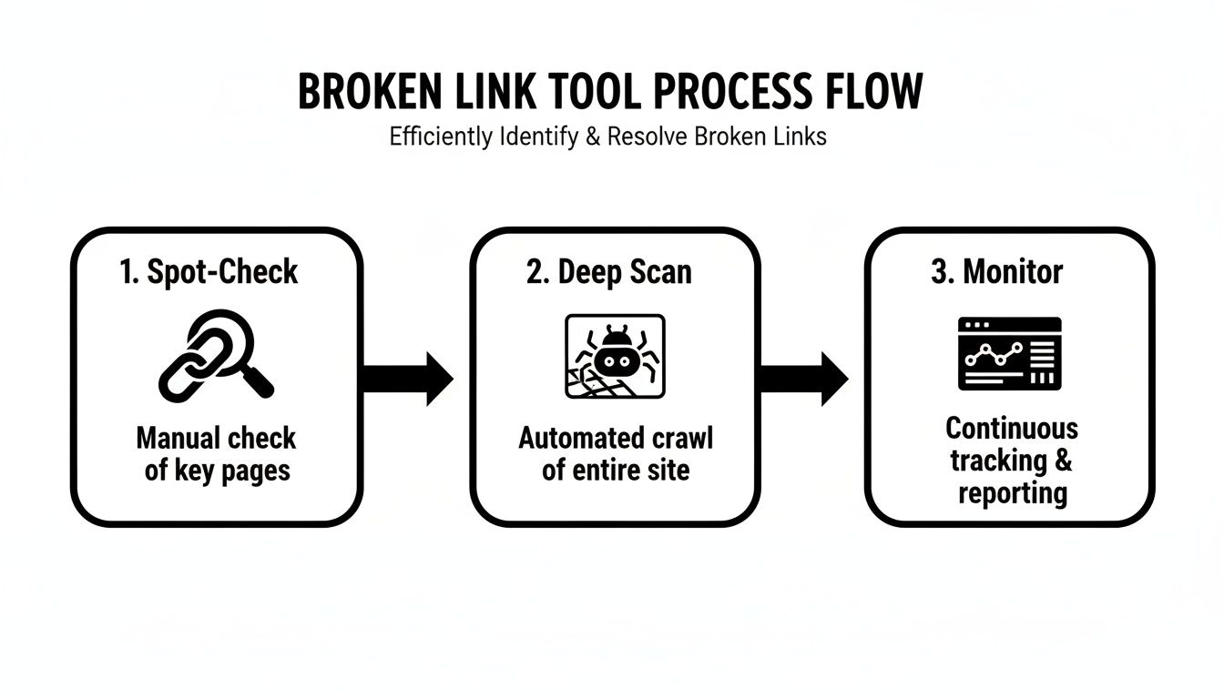 Flowchart illustrating a broken link tool process with three steps: spot-check, deep scan, and monitor.