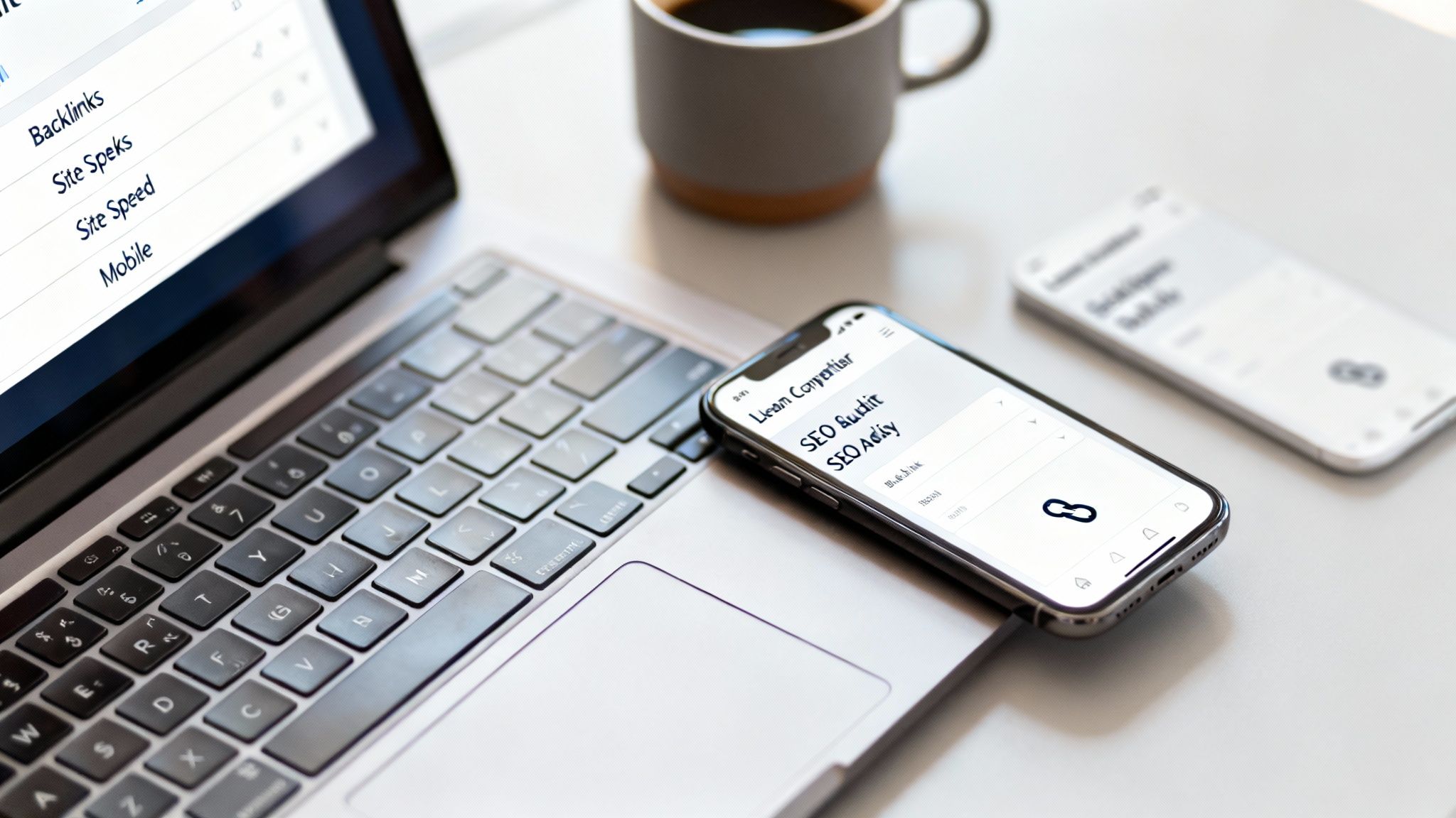 Close-up of a laptop and a smartphone showing SEO analysis and competitive research tools.