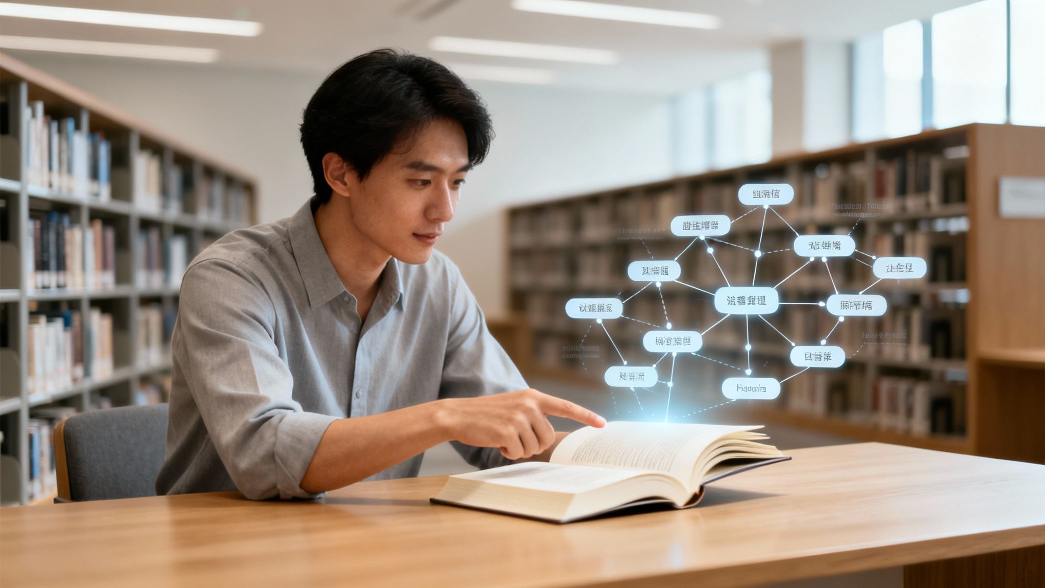A student interacts with a holographic semantic network projected from an open book in a library.