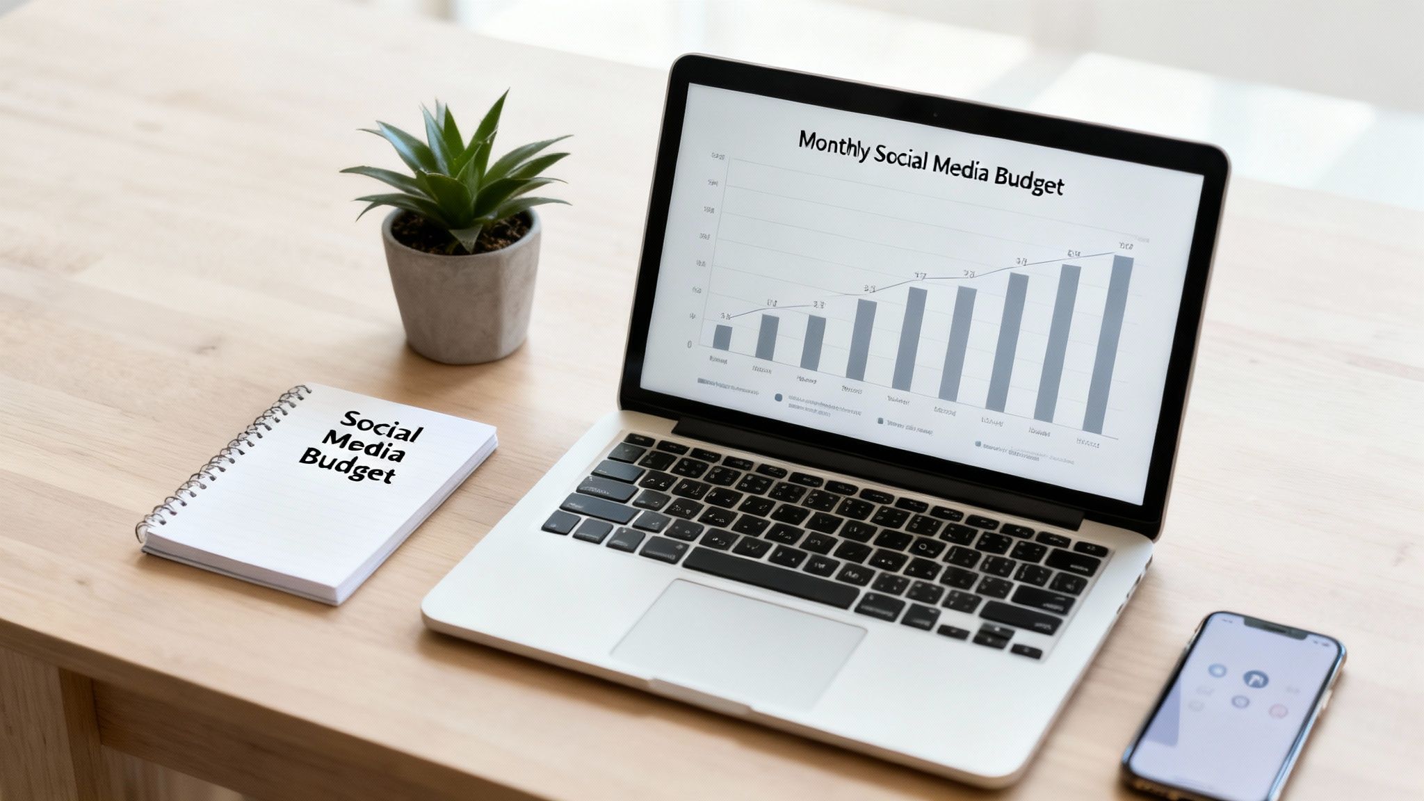 A laptop displays a 'Monthly Social Media Budget' bar chart next to a notebook, plant, and phone on a wooden desk, illustrating marketing planning.