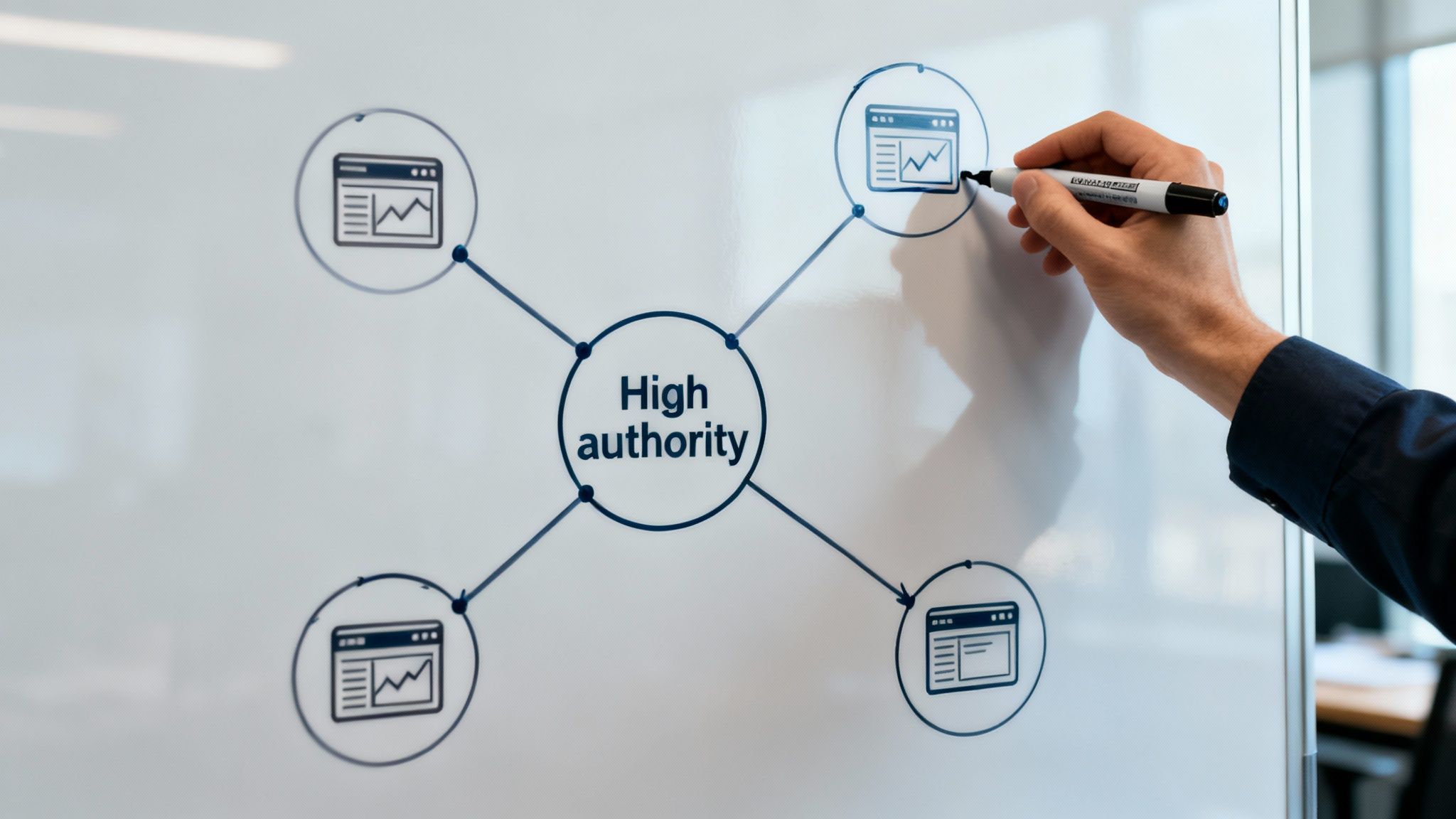 A hand draws a diagram on a whiteboard illustrating "High authority" connected to web analytics icons.