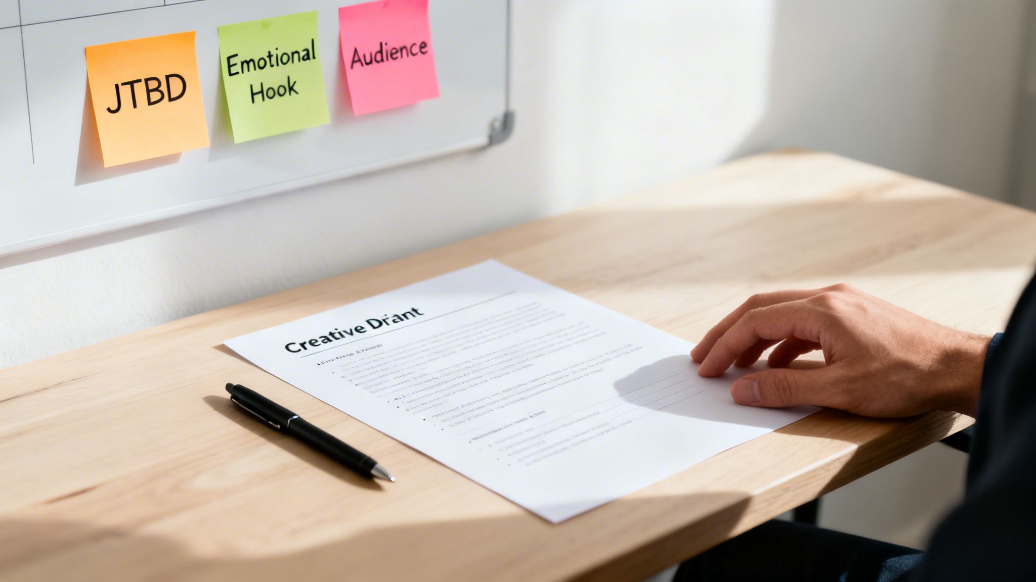 Close-up of a person's hand on a desk with a 'Creative Drant' document, pen, and whiteboard with planning sticky notes.