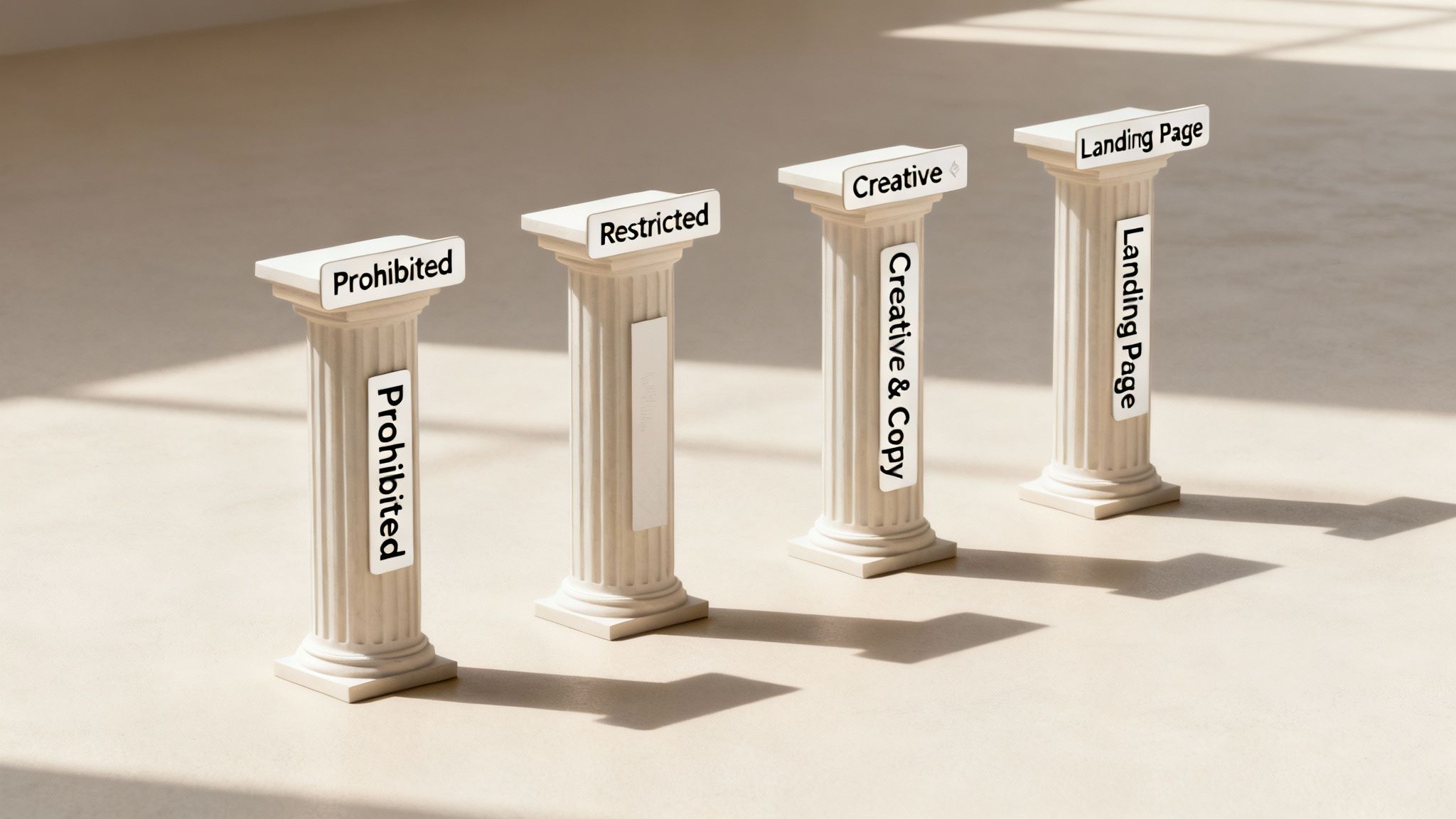 Four pillars illustrating Facebook ad policy categories: Prohibited, Restricted, Creative & Copy, and Landing Page.