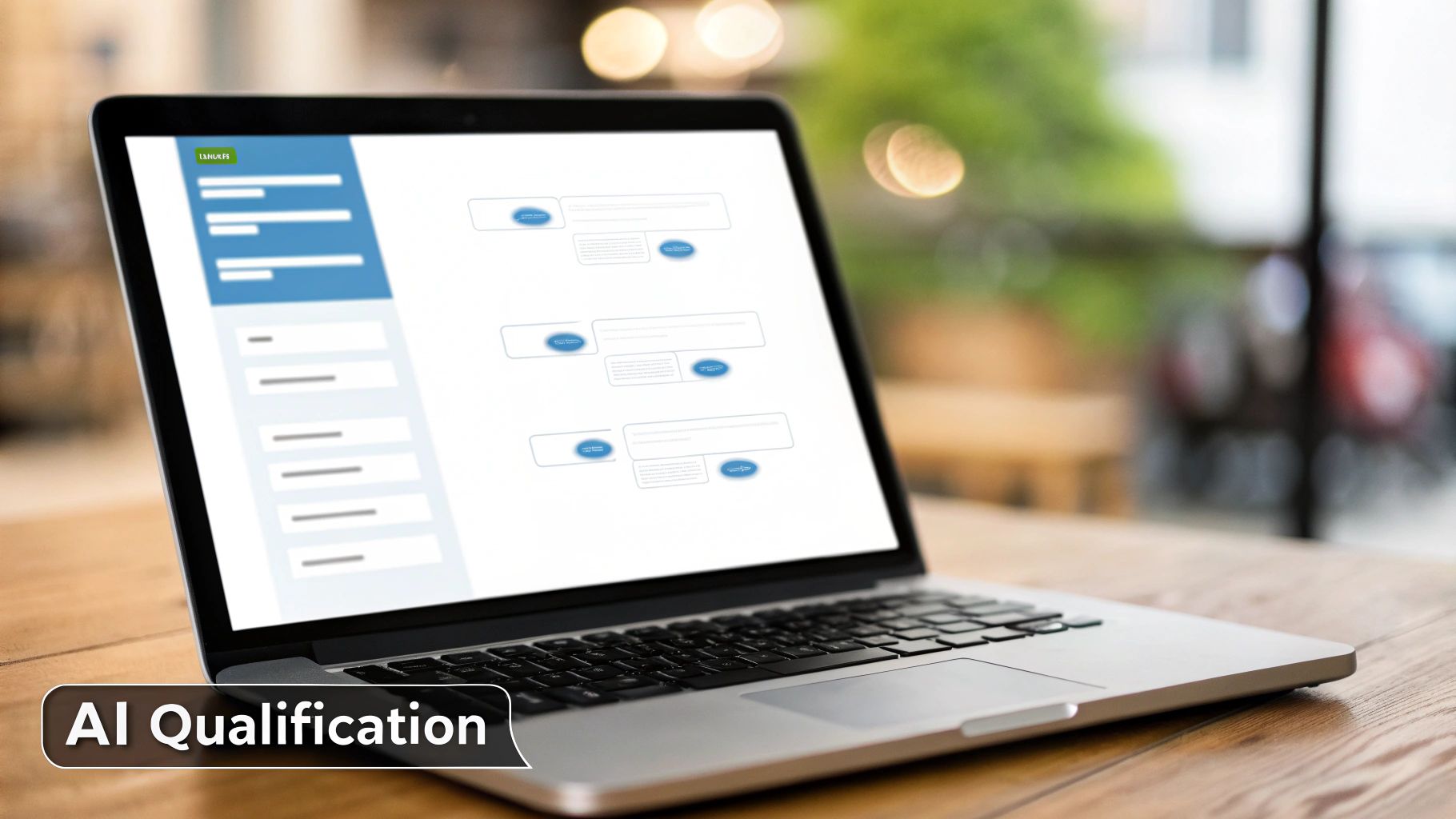 A laptop on a wooden table displaying an 'AI Qualification' web interface on its screen.