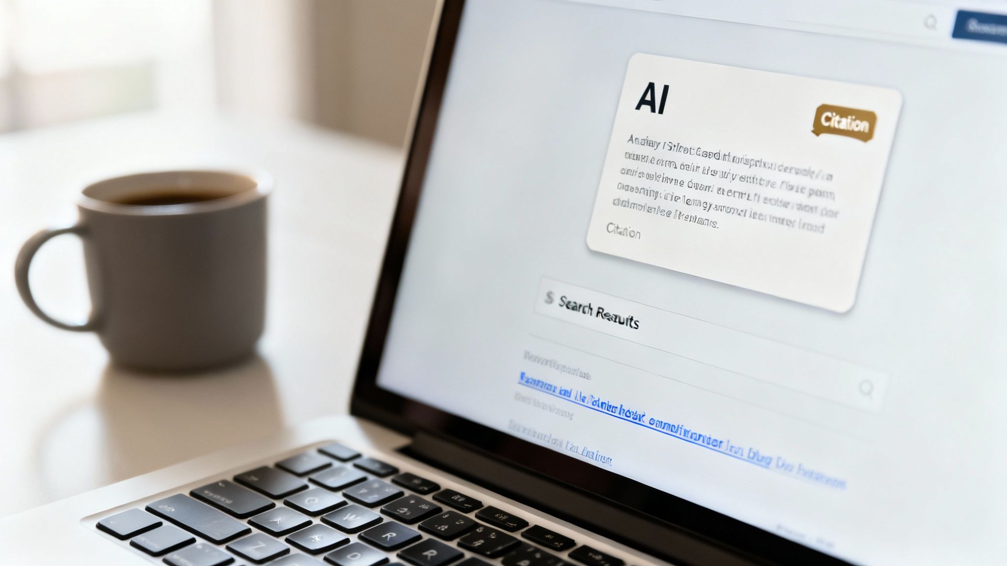 Laptop displaying AI definition with a citation box and a coffee cup on a table.