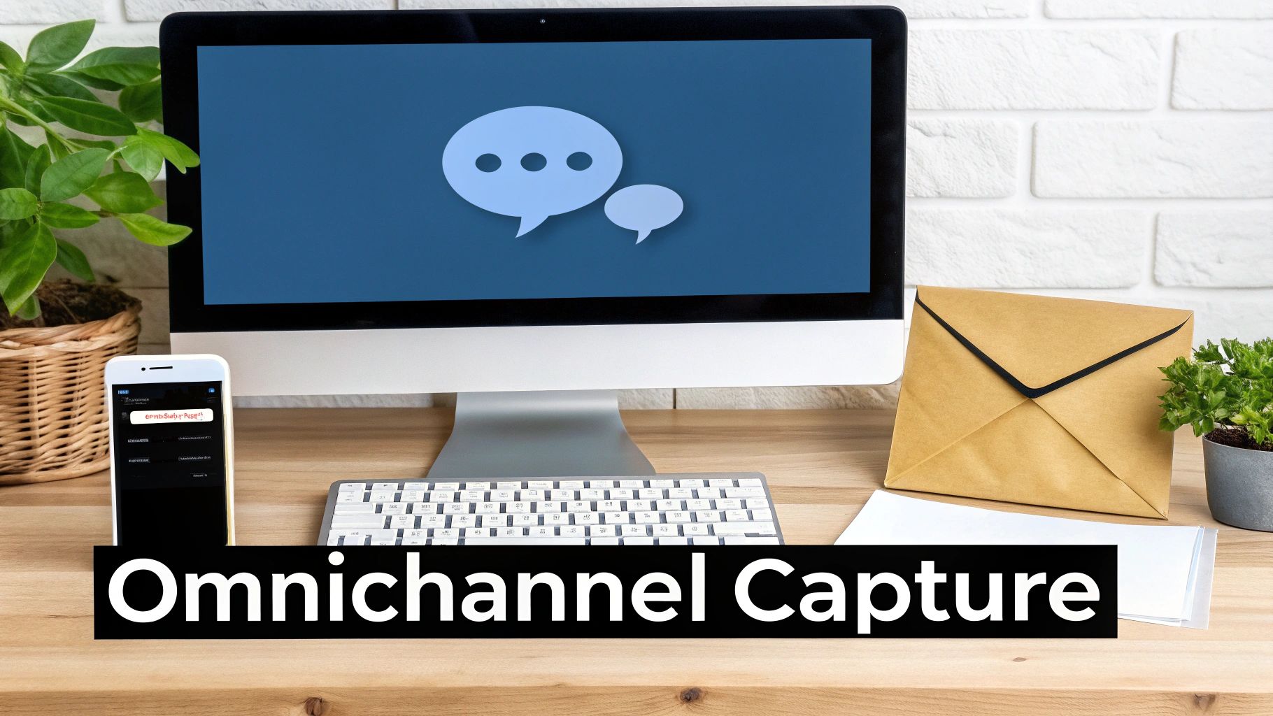 A desk setup featuring a computer with chat bubbles, a smartphone, an envelope, and 'Omnichannel Capture' text.