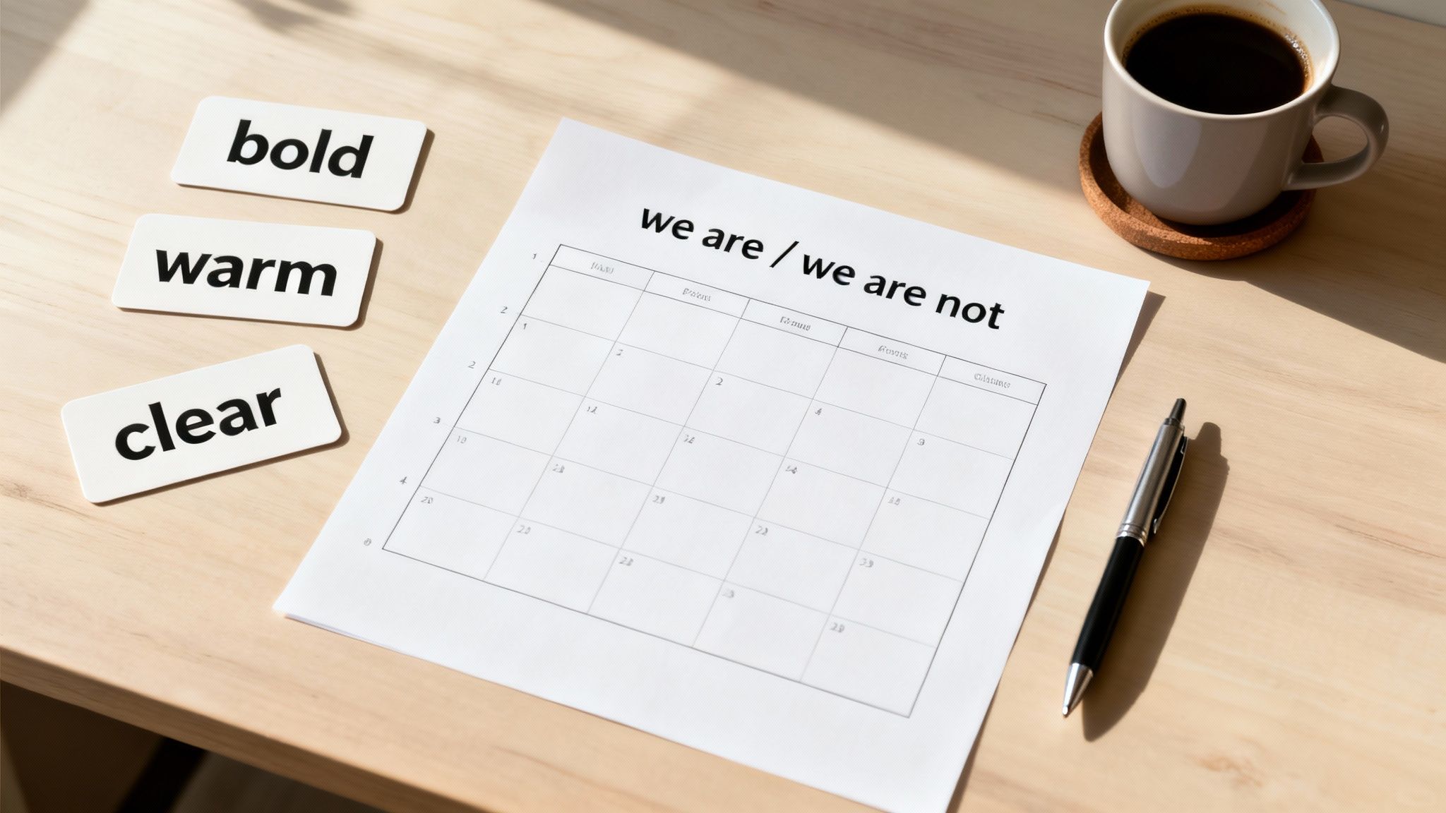 Three white cards with words 'bold', 'warm', 'clear' on a desk with a branding strategy chart and coffee.