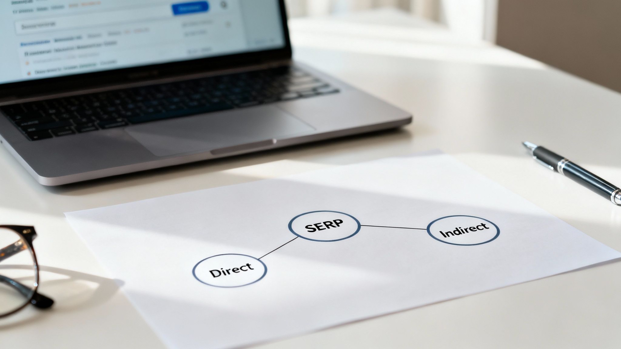 A desk with a laptop, glasses, pen, and a diagram showing 'SERP', 'Direct', and 'Indirect' connections.