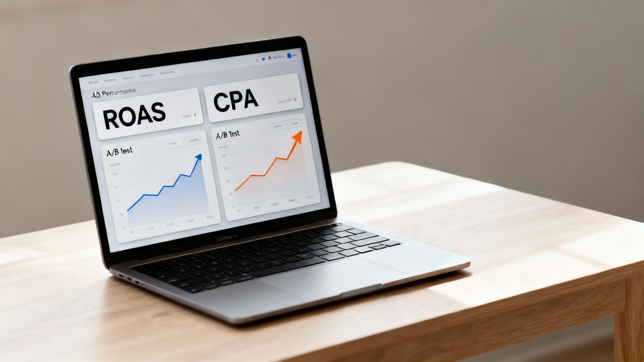 Laptop displaying an ad performance dashboard with ROAS, CPA, and A/B test charts showing growth.