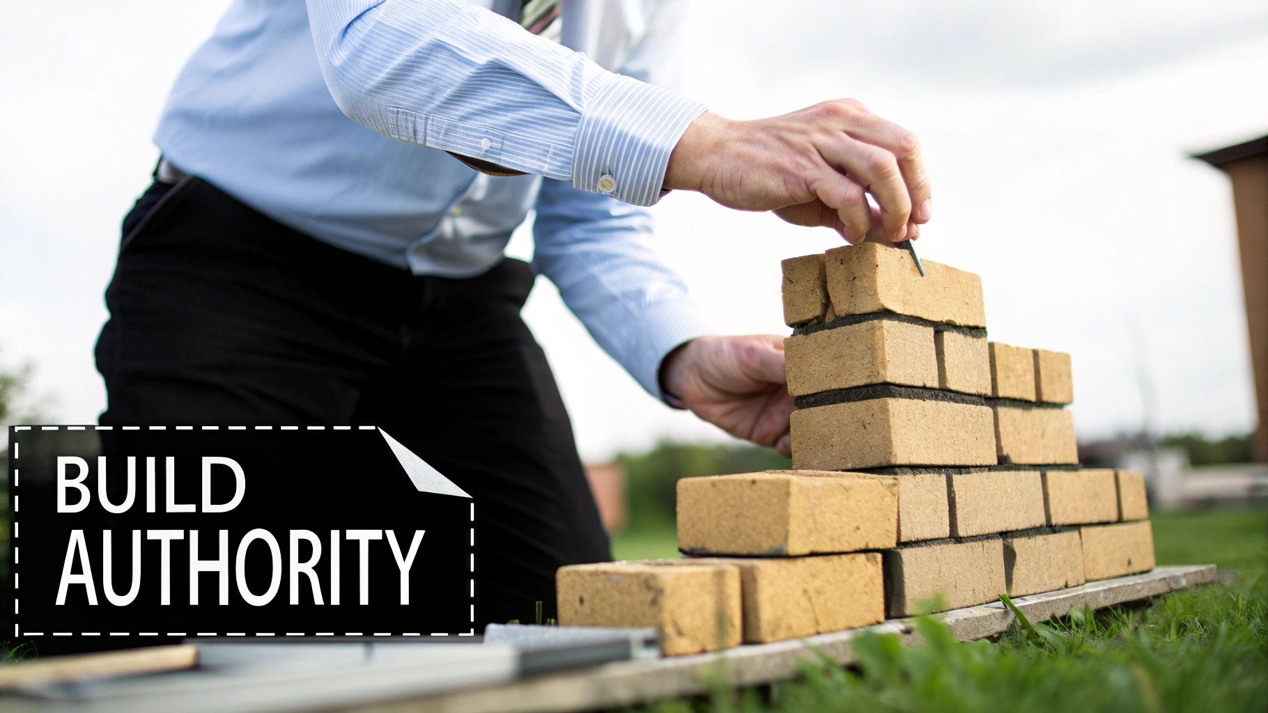 A person in a business shirt carefully places a brick, building a structure on grass, with 'BUILD AUTHORITY' text.