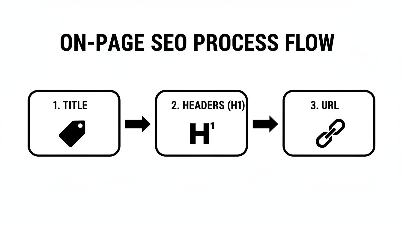 A flowchart outlining the on-page SEO process, showing steps for title, headers (H1), and URL.