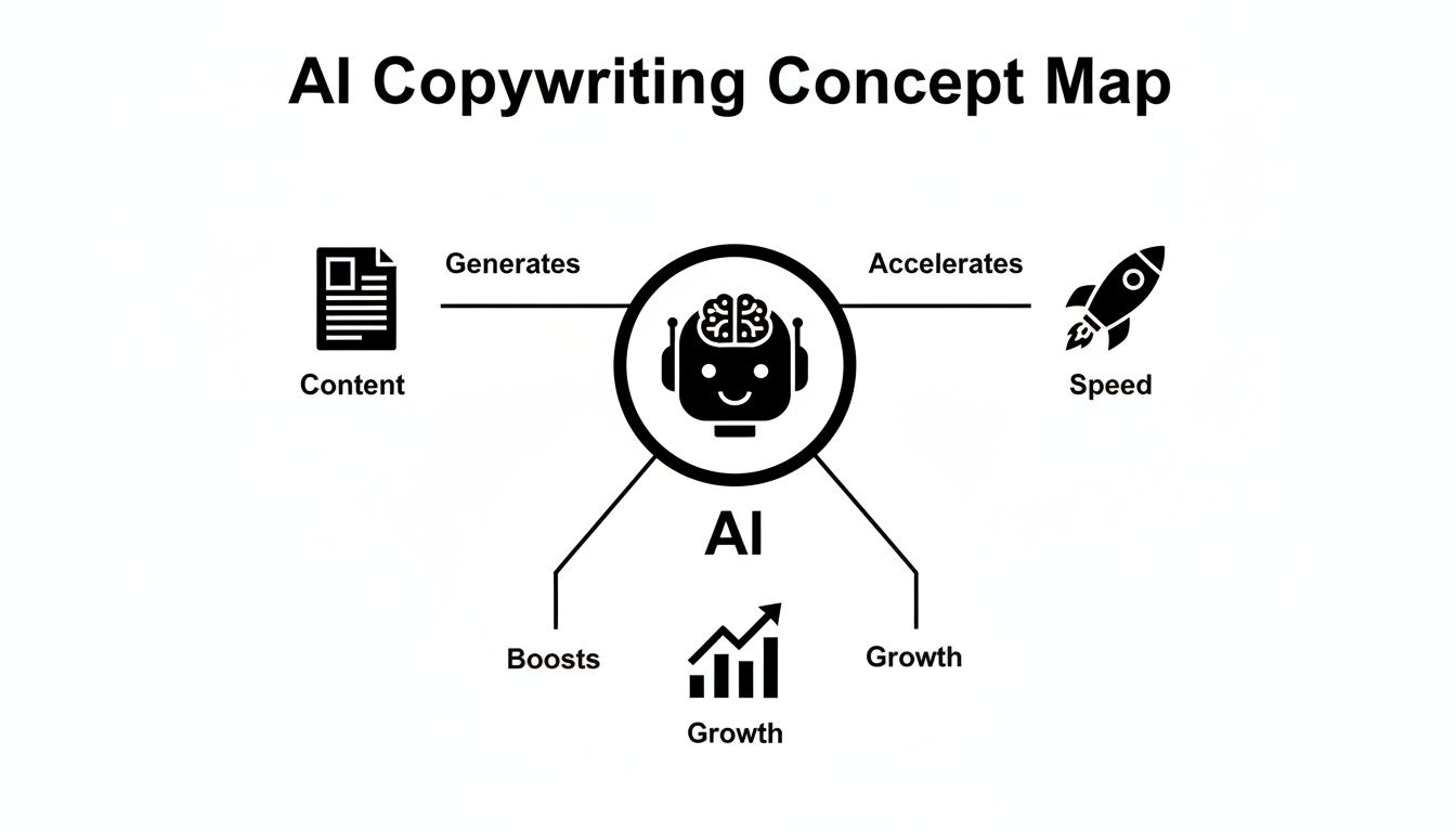 A concept map illustrating AI copywriting's impact on content generation, speed acceleration, and growth boosting.