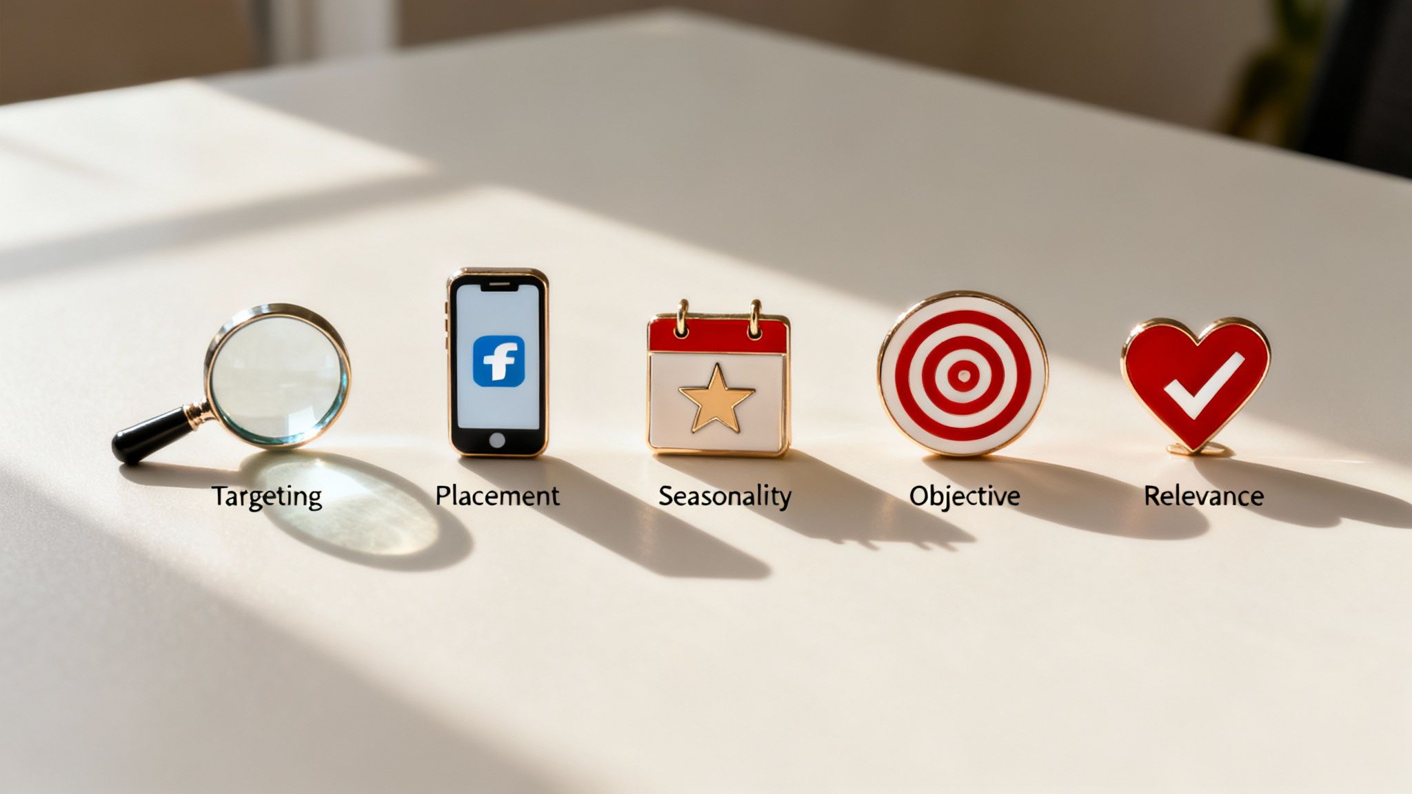 Five marketing strategy elements: targeting, placement, seasonality, objective, and relevance, laid out on a table.