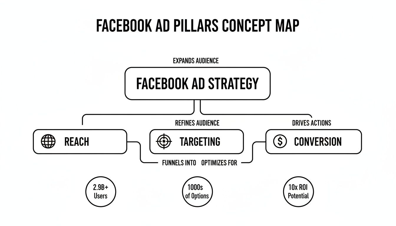 Concept map illustrating Facebook Ad Strategy pillars: Reach, Targeting, and Conversion with key metrics.