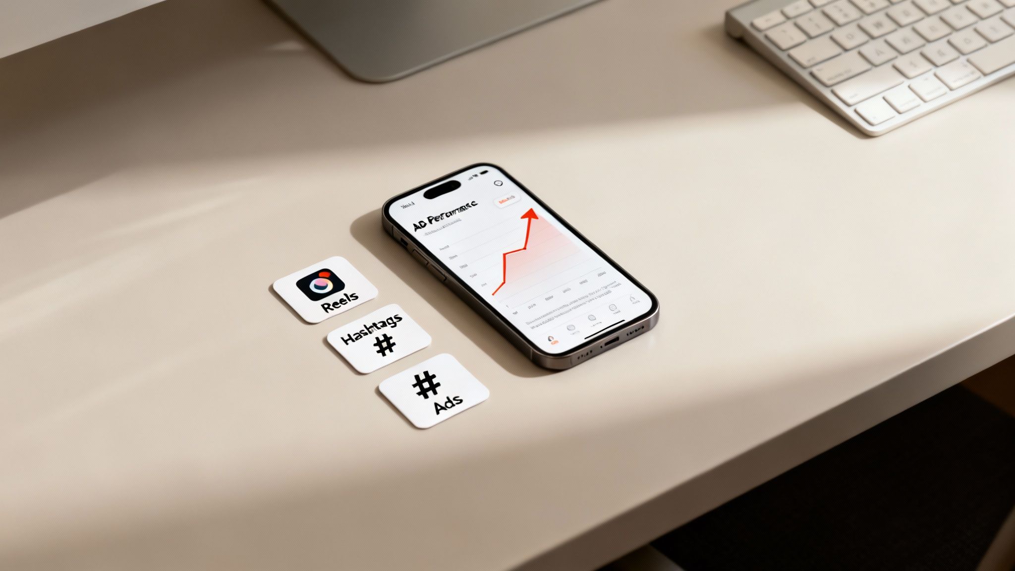 A smartphone on a desk shows an ad performance graph, alongside cards for Reels, Hashtags, and Ads.