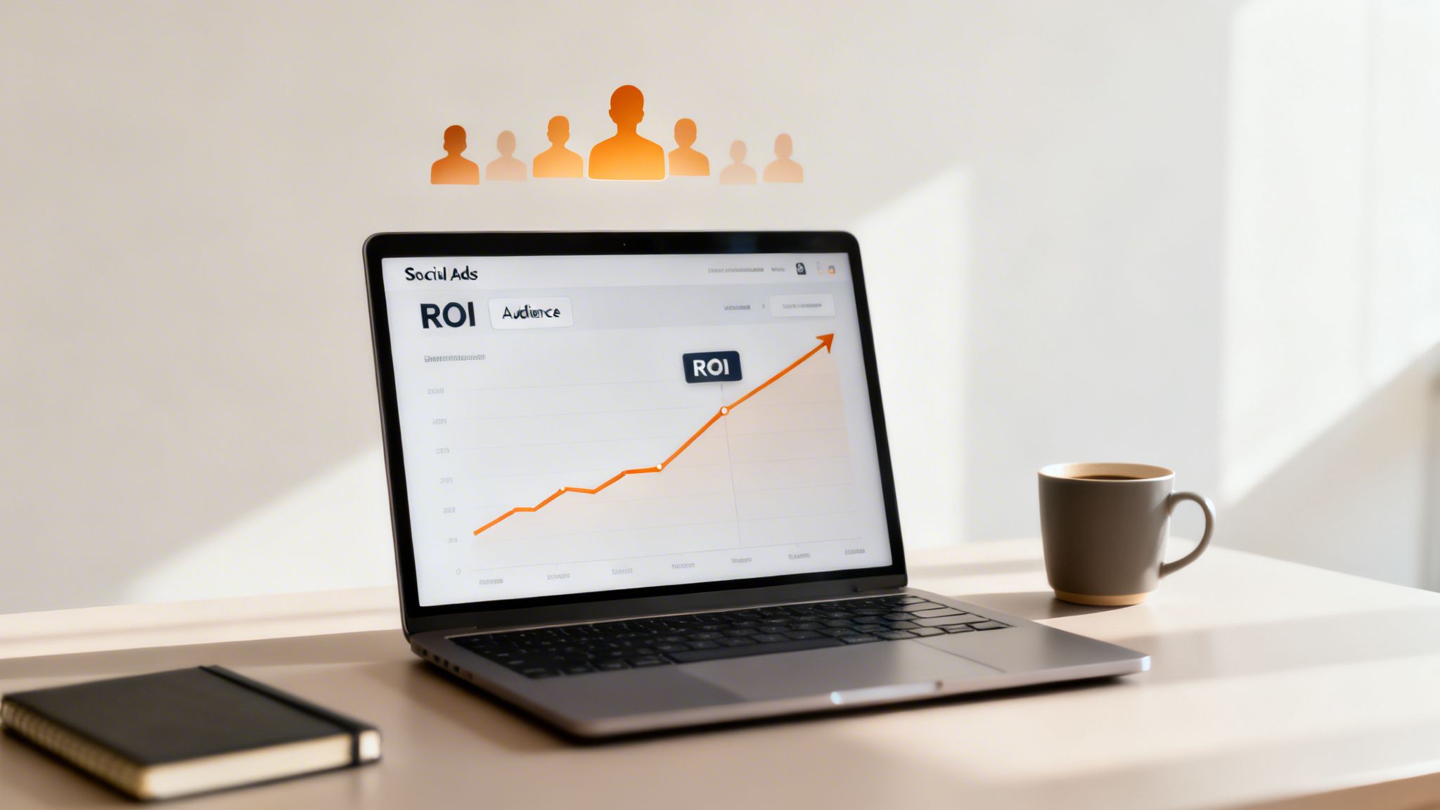 Laptop screen displays a rising ROI graph for social ads and audience, with a coffee mug nearby.