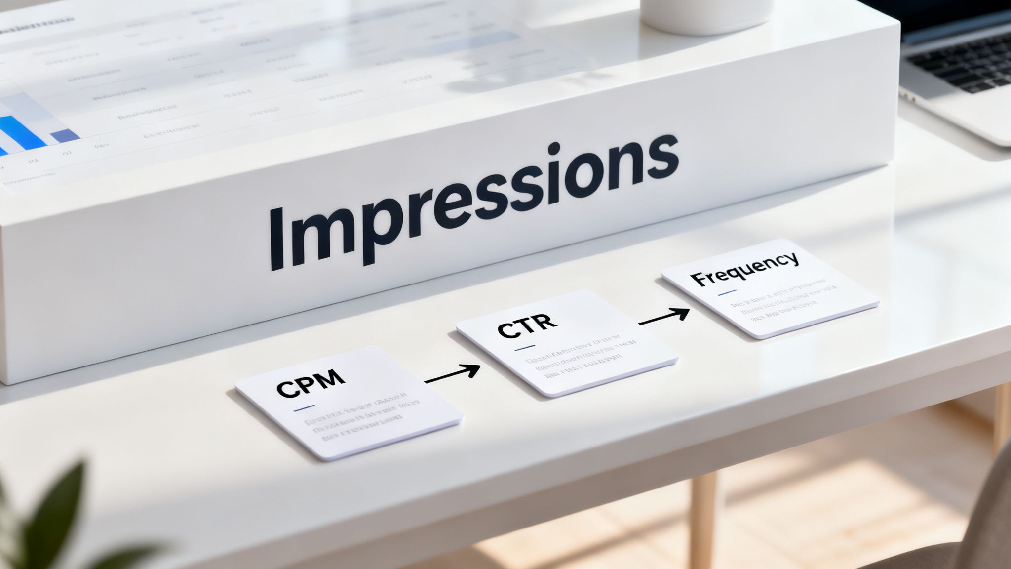 White box displaying 'Impressions' with cards for CPM, CTR, and Frequency, illustrating marketing data metrics.
