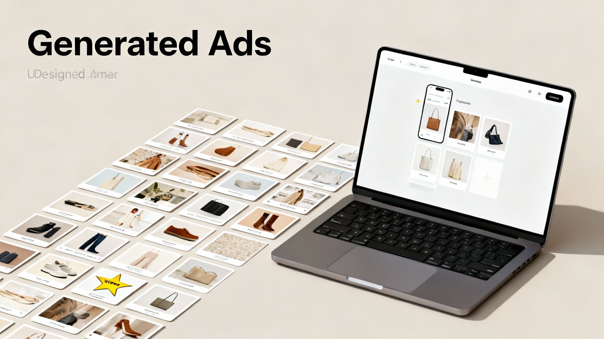 A laptop displaying an ad generation platform, surrounded by numerous small product image cards.
