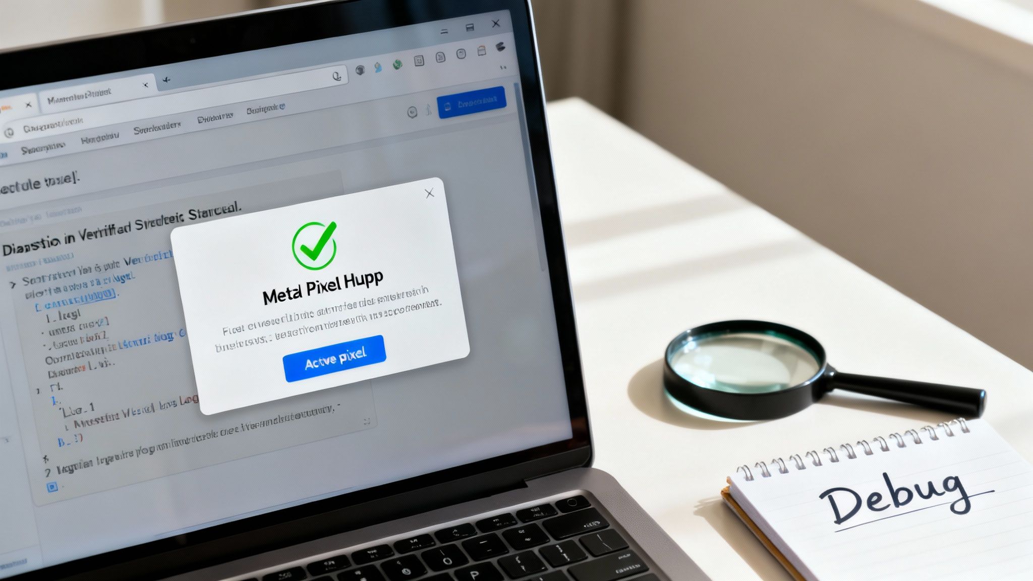 A laptop screen shows a 'Metal Pixel Hupp' pop-up with a green checkmark, beside a notebook with 'Debug'.