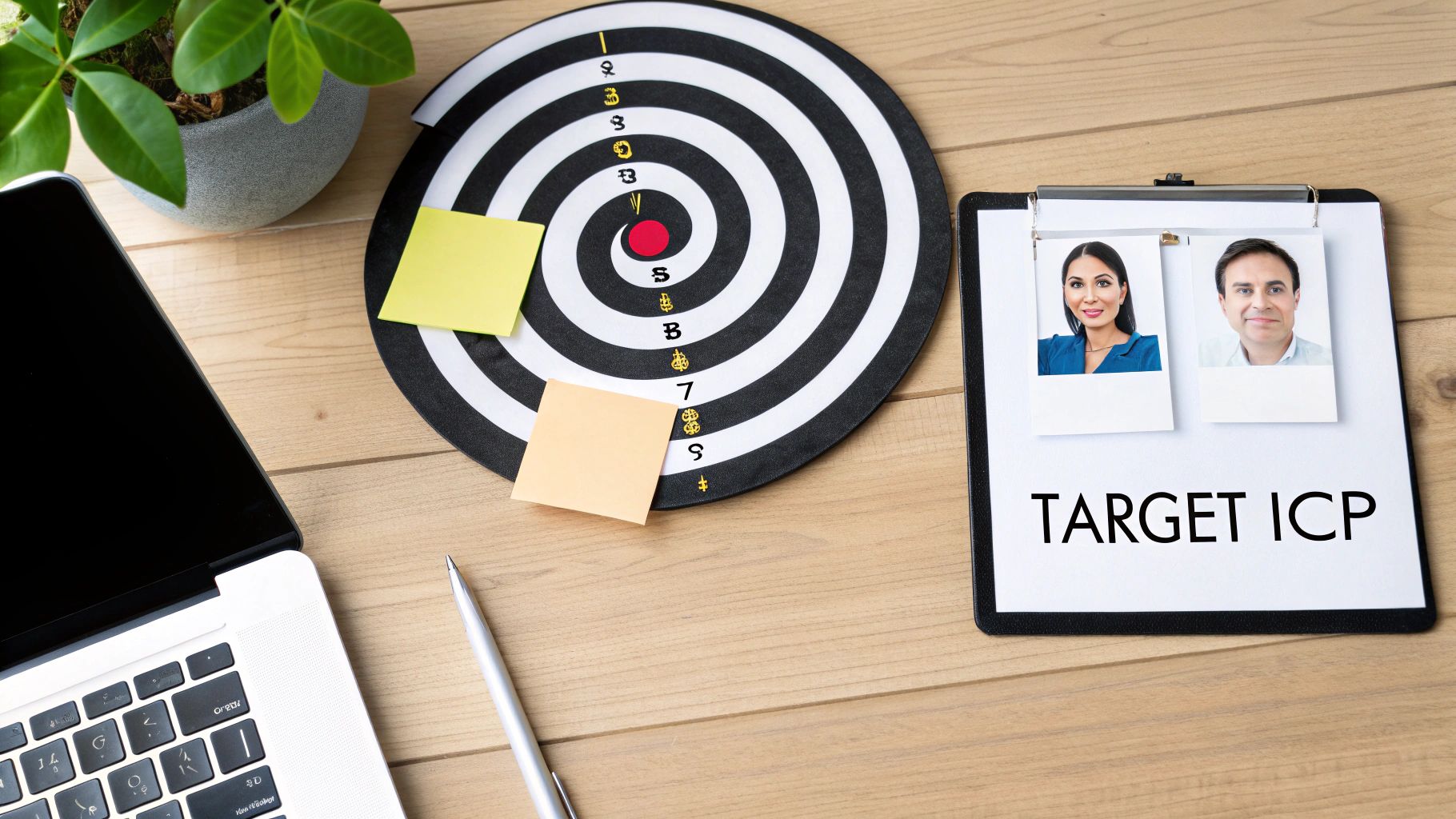 Overhead view of a desk with a target board, laptop, and 'TARGET ICP' clipboard.