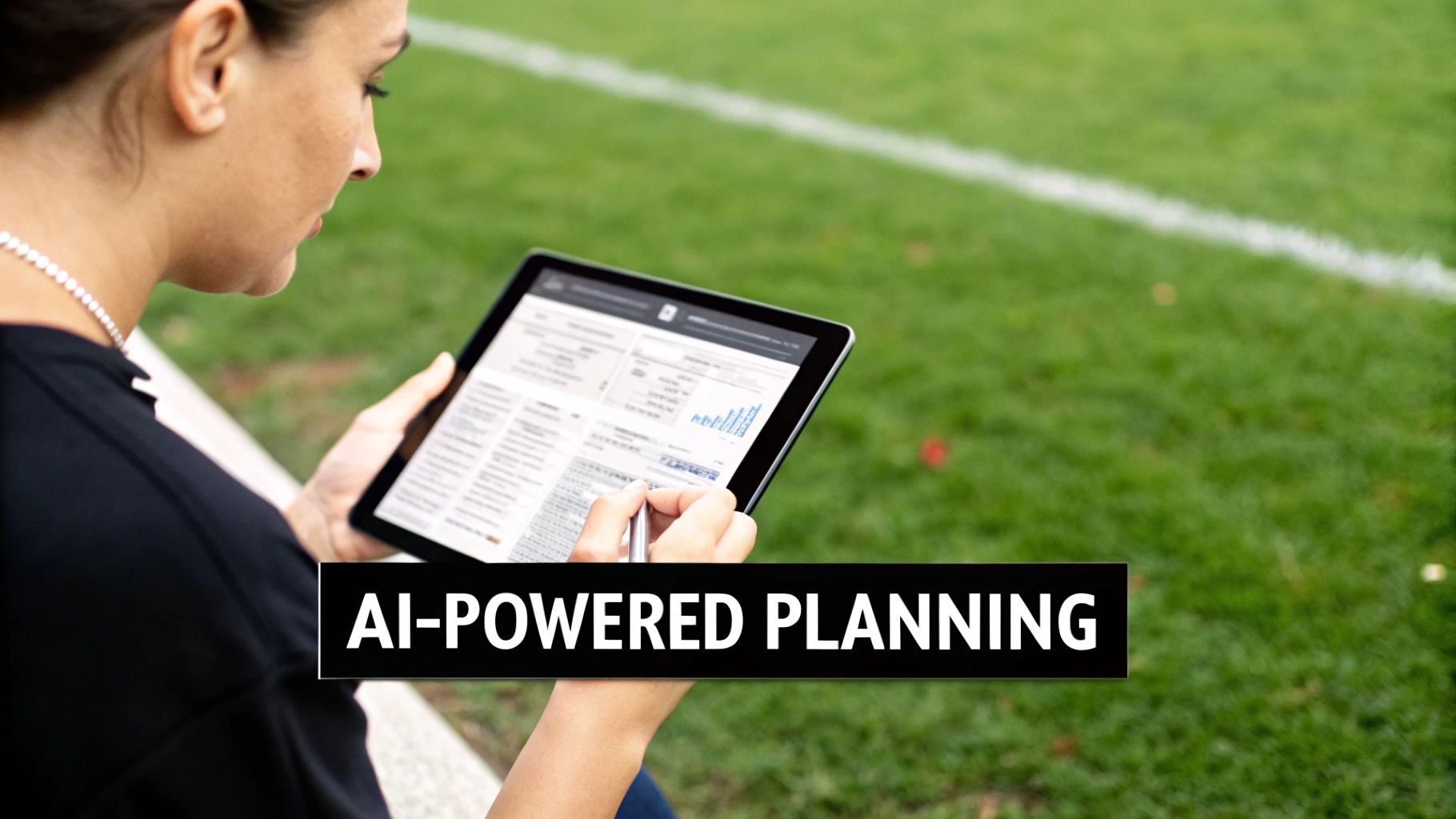 A person uses a stylus on a tablet displaying 'AI-POWERED PLANNING' with a green field background.