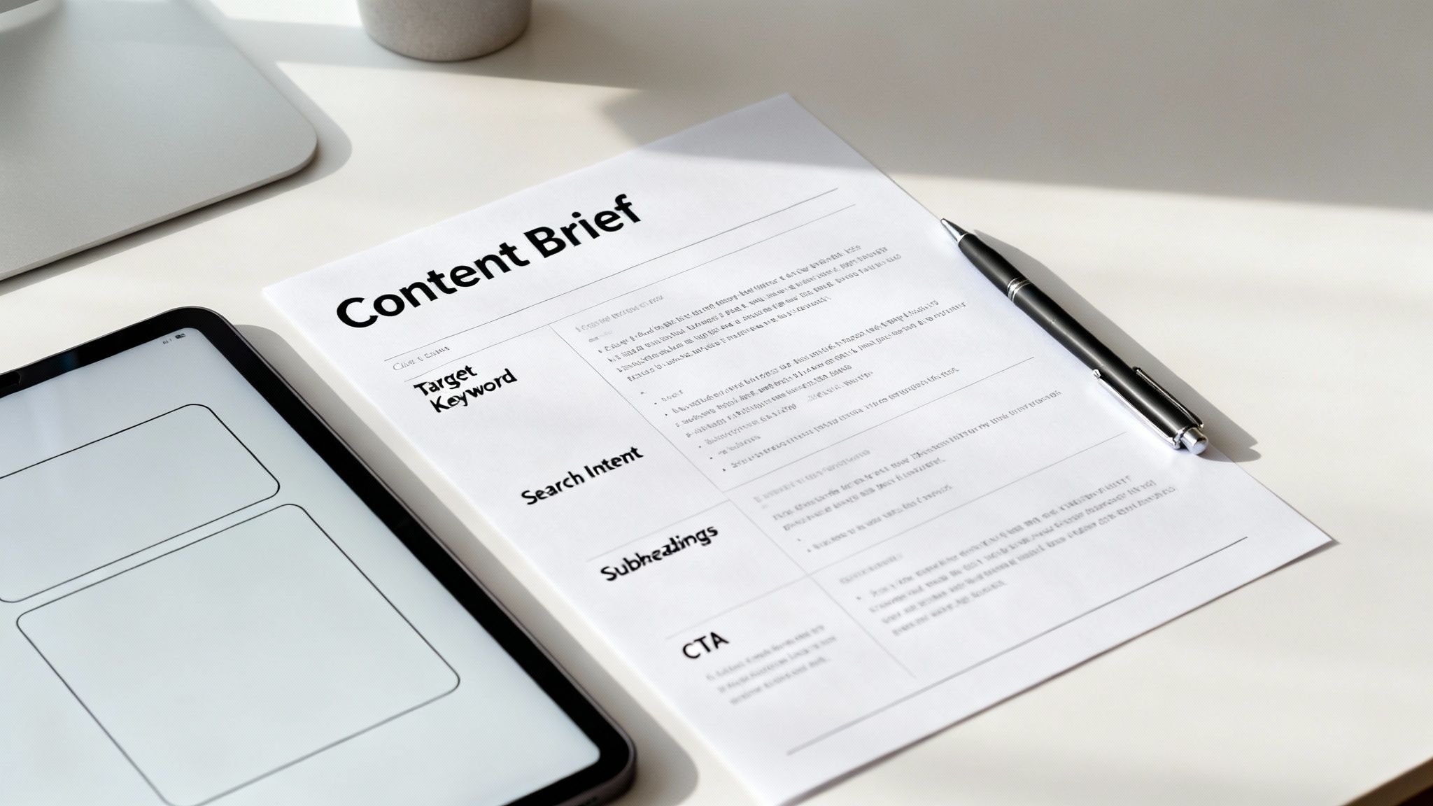 A 'Content Brief' document with a pen and a tablet on a clean white desk, for SEO content planning.
