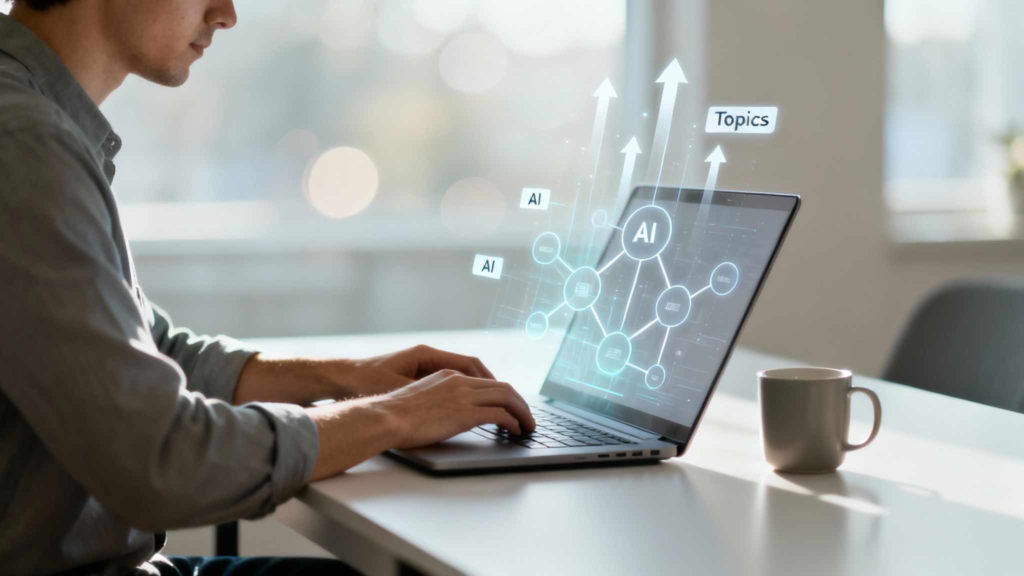 A person types on a laptop displaying an AI network diagram, growth arrows, and topics.