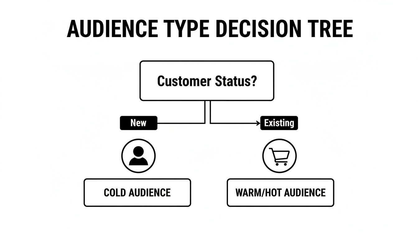Decision tree classifying audience types: new customers are cold, existing customers are warm/hot.
