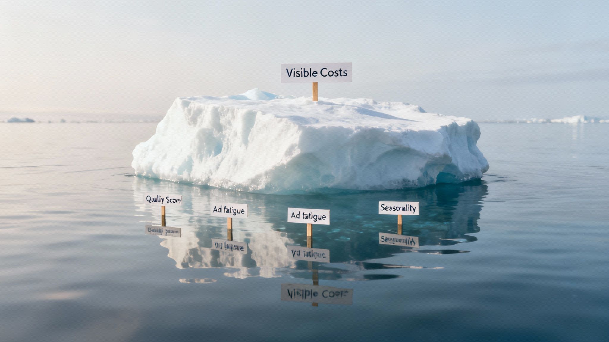 An iceberg showing 'Visible Costs' above water and 'Quality Score', 'Ad fatigue', 'Seasonality' below, representing hidden costs.