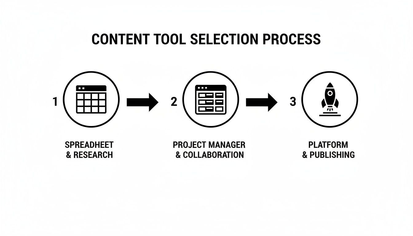 A diagram illustrating the content tool selection process with three steps: spreadsheet, project manager, and platform.